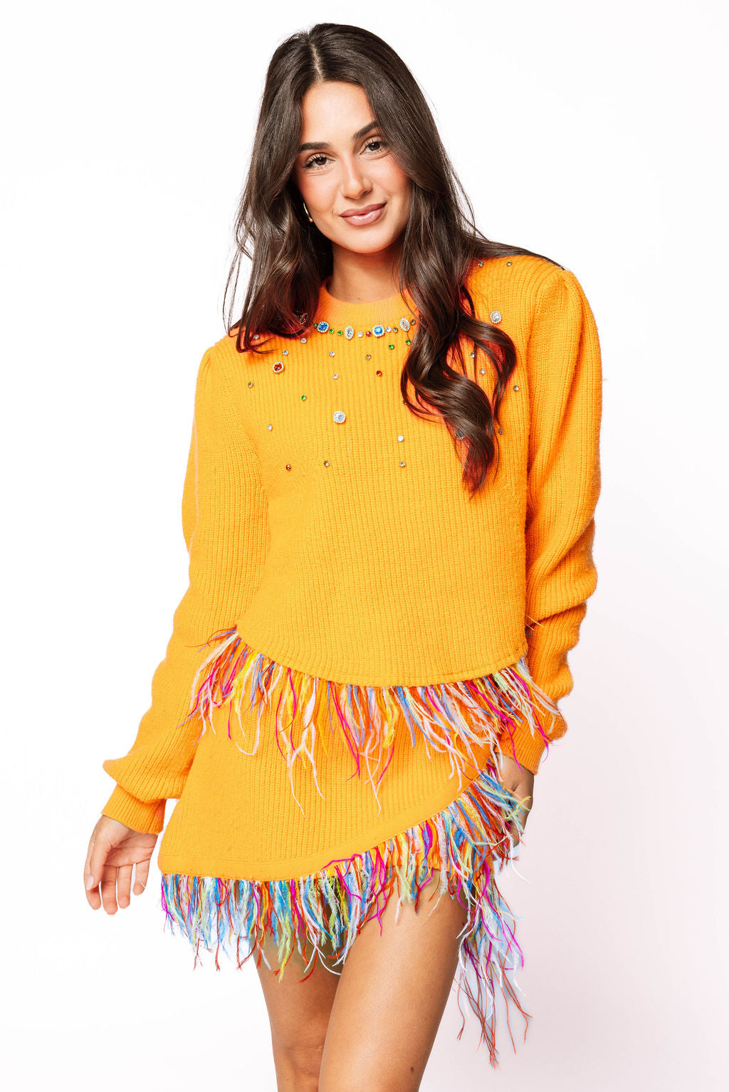 Sample Orange Multi Feather Rhinestone Necklace Sweater/Skirt Set
