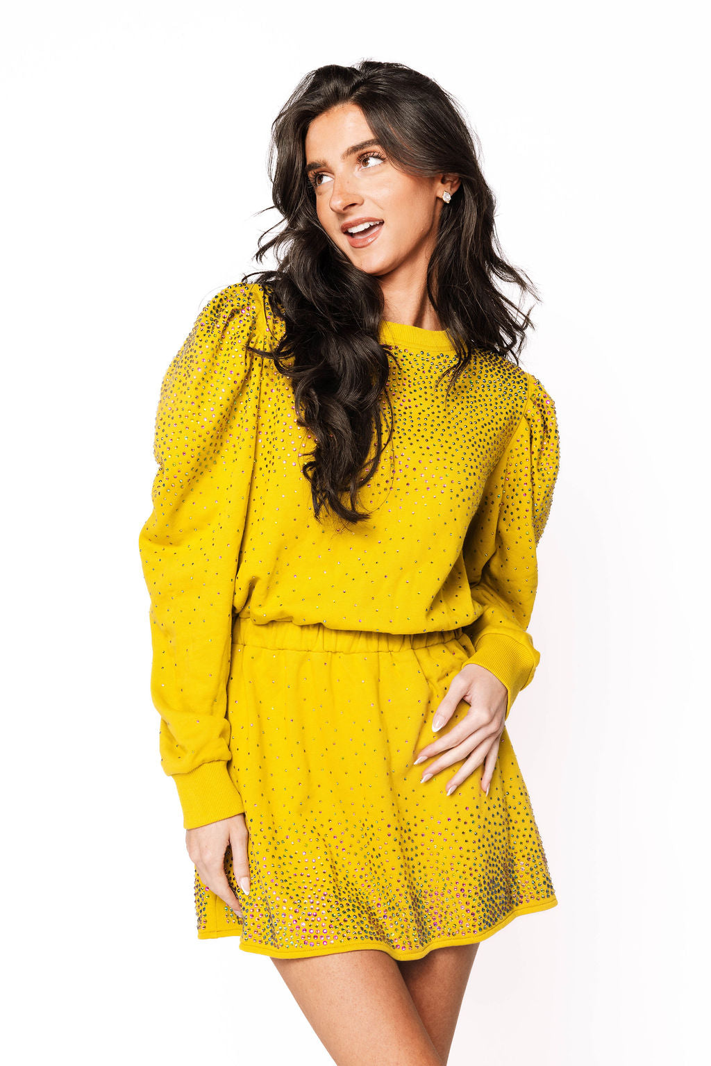 Sample Olive Scattered Rhinestone Poof Sleeve Dress