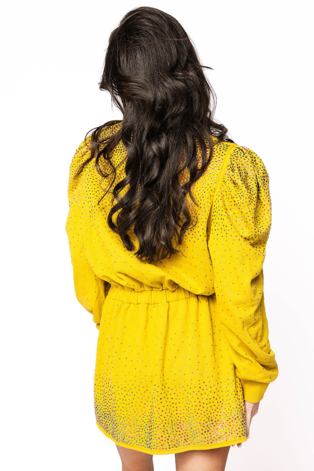 Sample Olive Scattered Rhinestone Poof Sleeve Dress