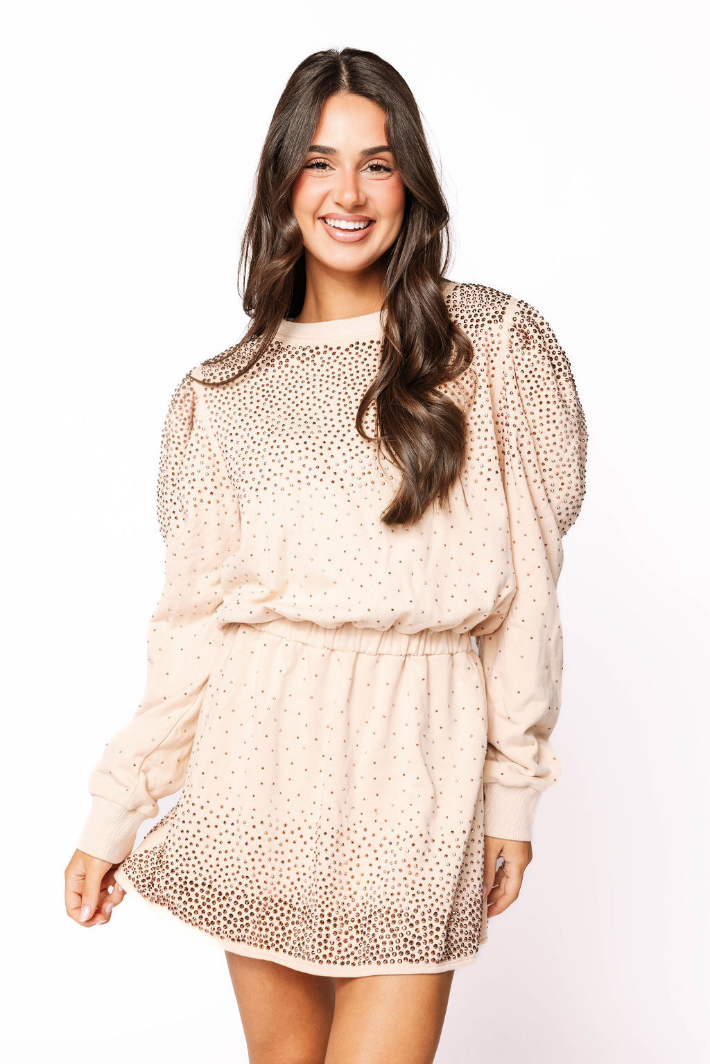 Sample Beige Scattered Rhinestone Poof Sleeve Dress