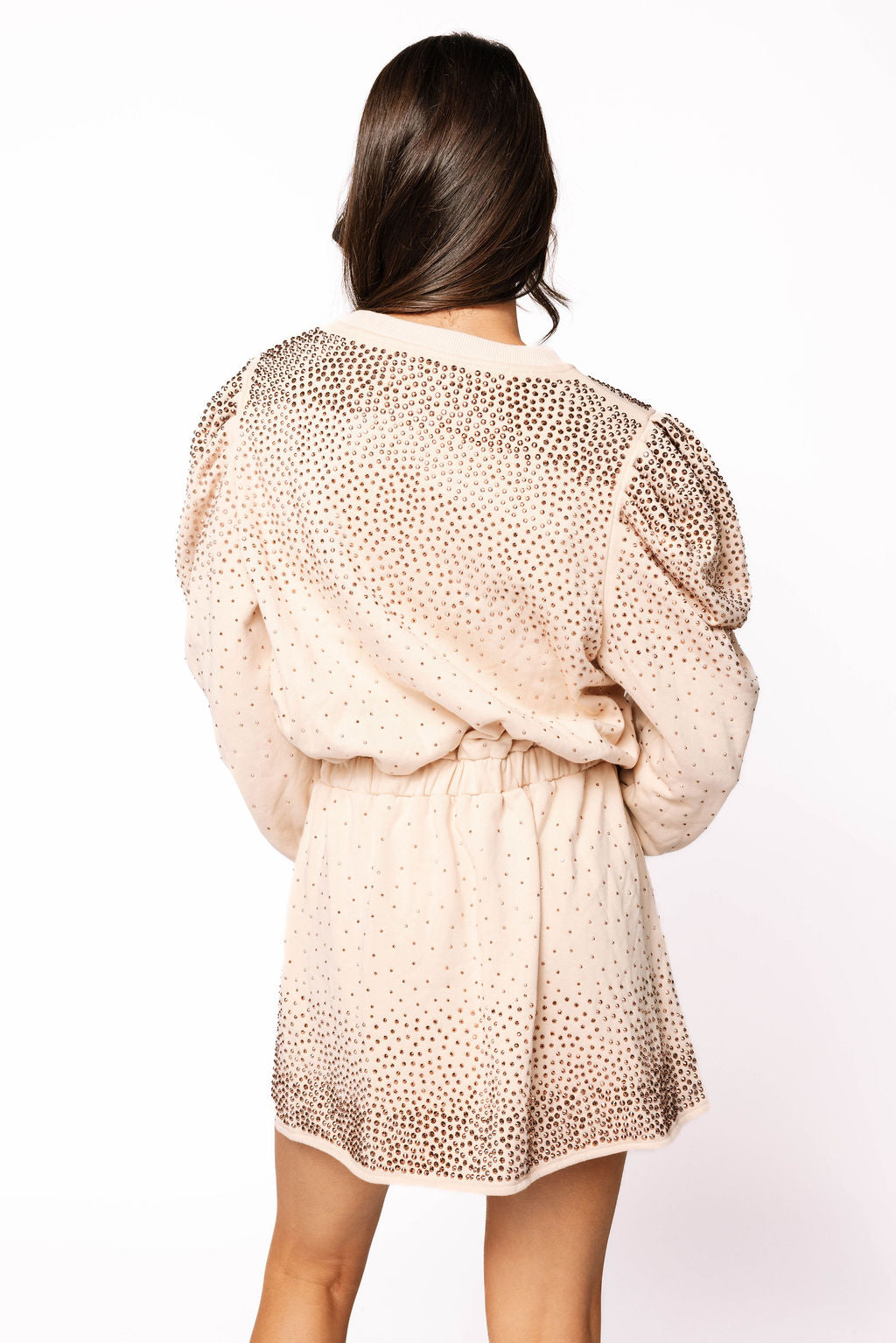 Sample Beige Scattered Rhinestone Poof Sleeve Dress