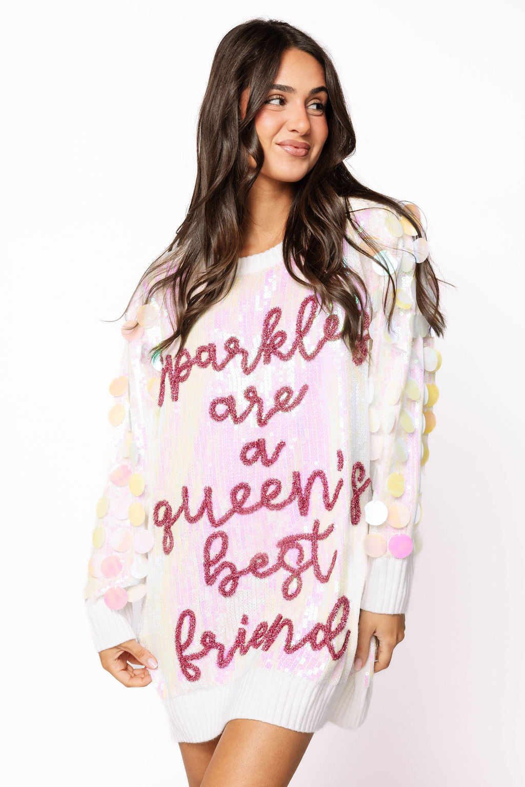 Sample White Full Sequin Sparkles Are A Queen's Best Friend Paillette Dress