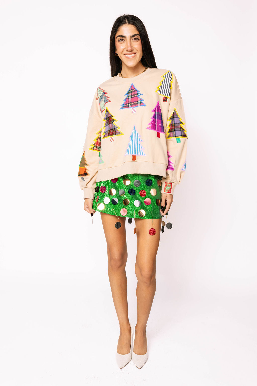 Beige Multi Plaid & Stripe Christmas Tree Sweatshirt