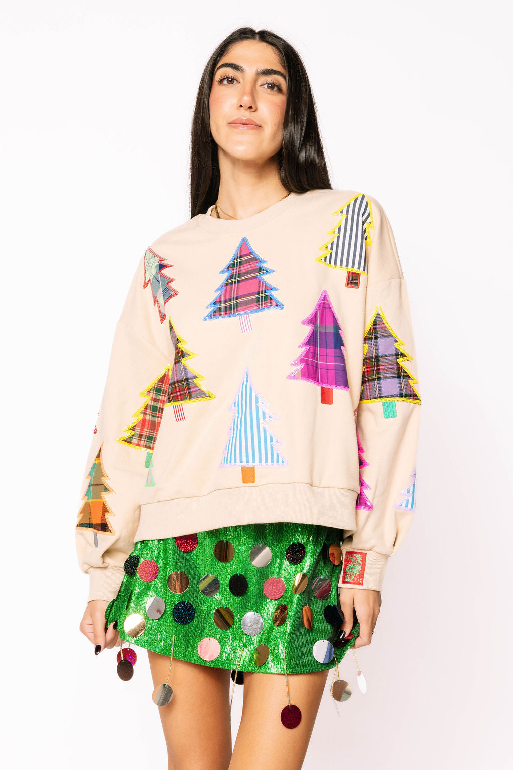 Beige Multi Plaid & Stripe Christmas Tree Sweatshirt