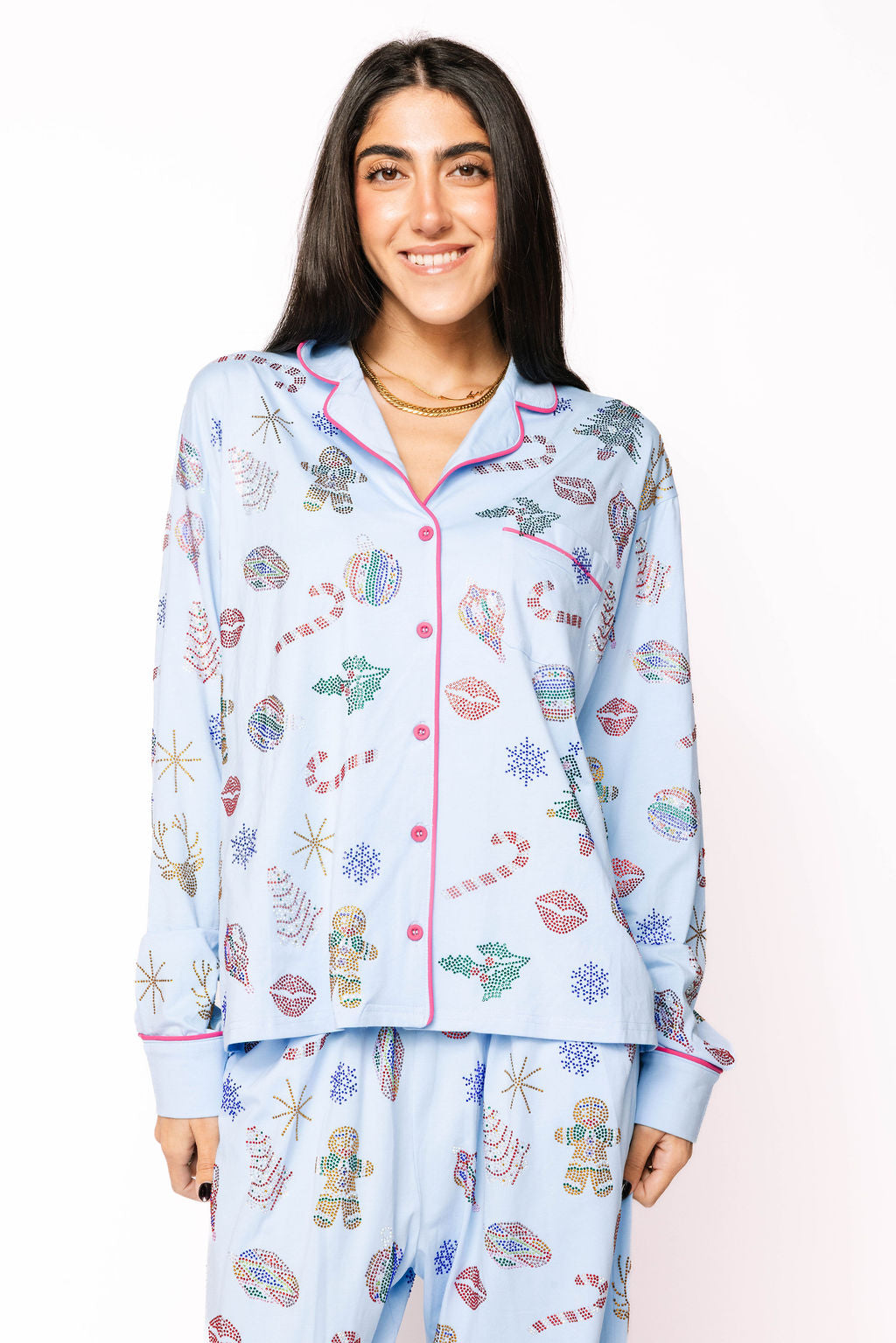 Light Blue Multi Christmas Icon Long Sleeve PJ Top