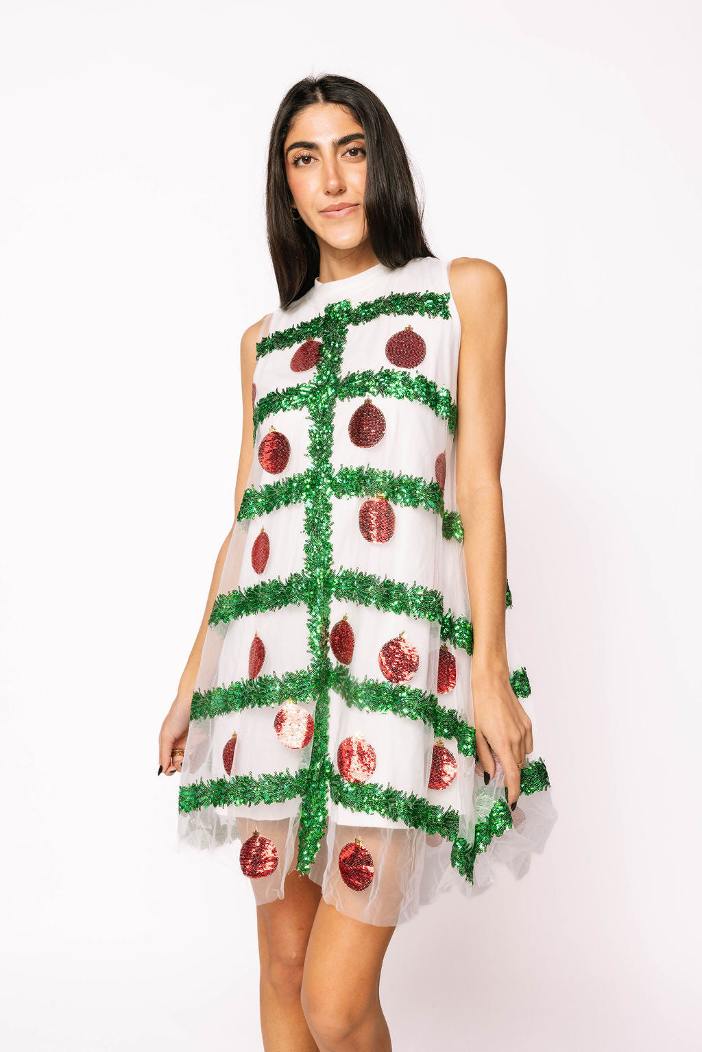 SAMPLE- White Tulle Green Tinsel & Red Dress