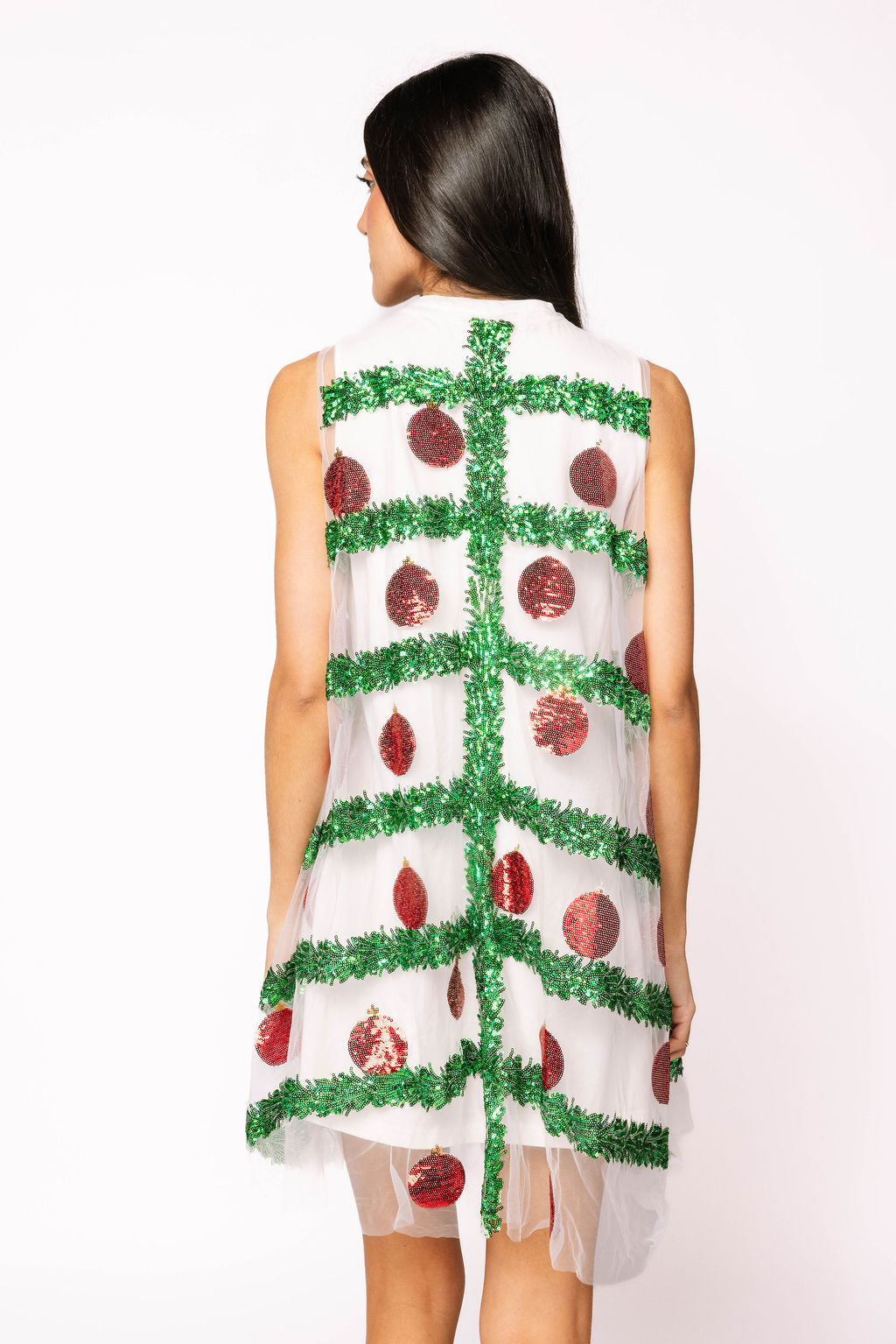SAMPLE- White Tulle Green Tinsel & Red Dress