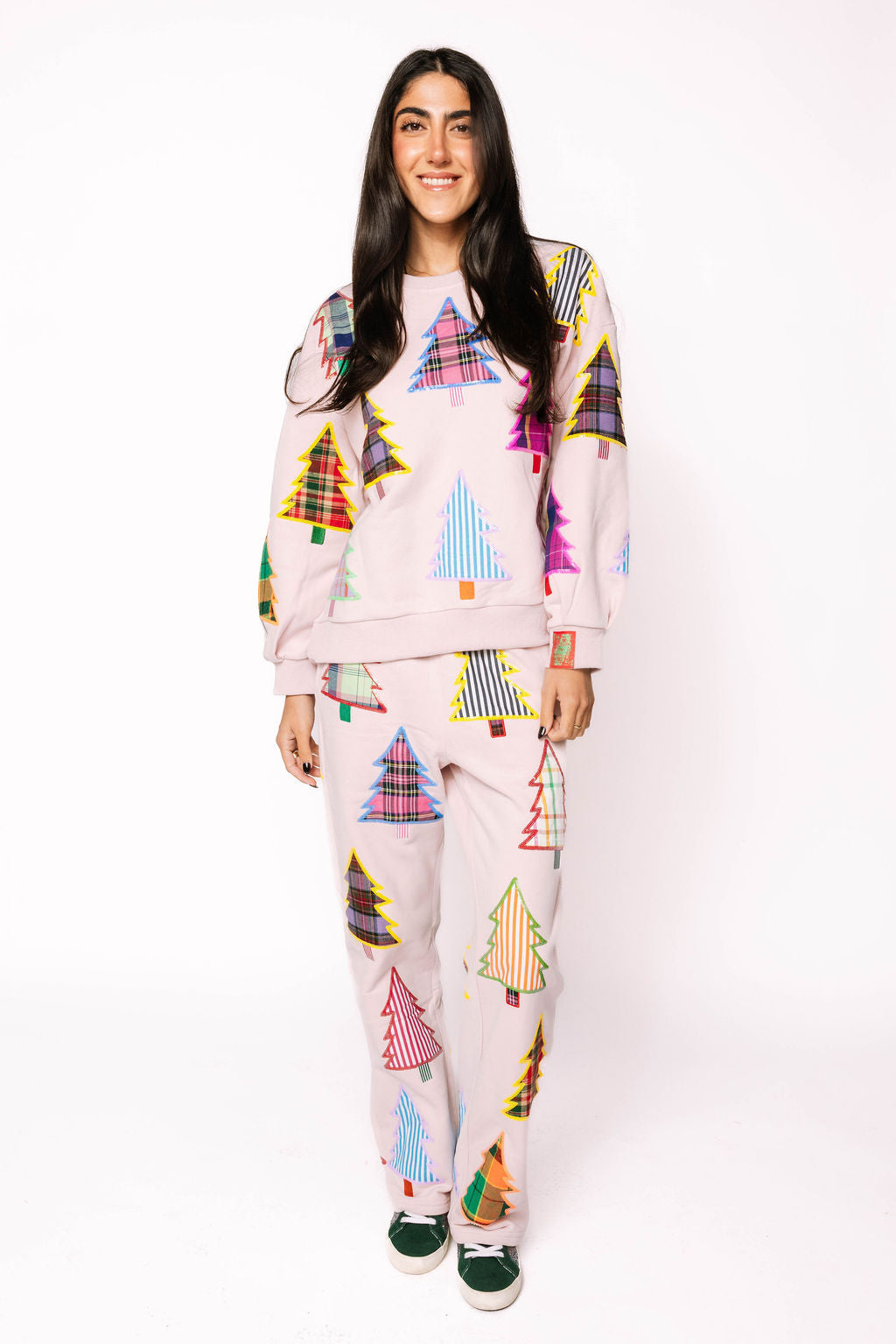 Light Pink Multi Plaid & Stripe Christmas Tree Sweatpant