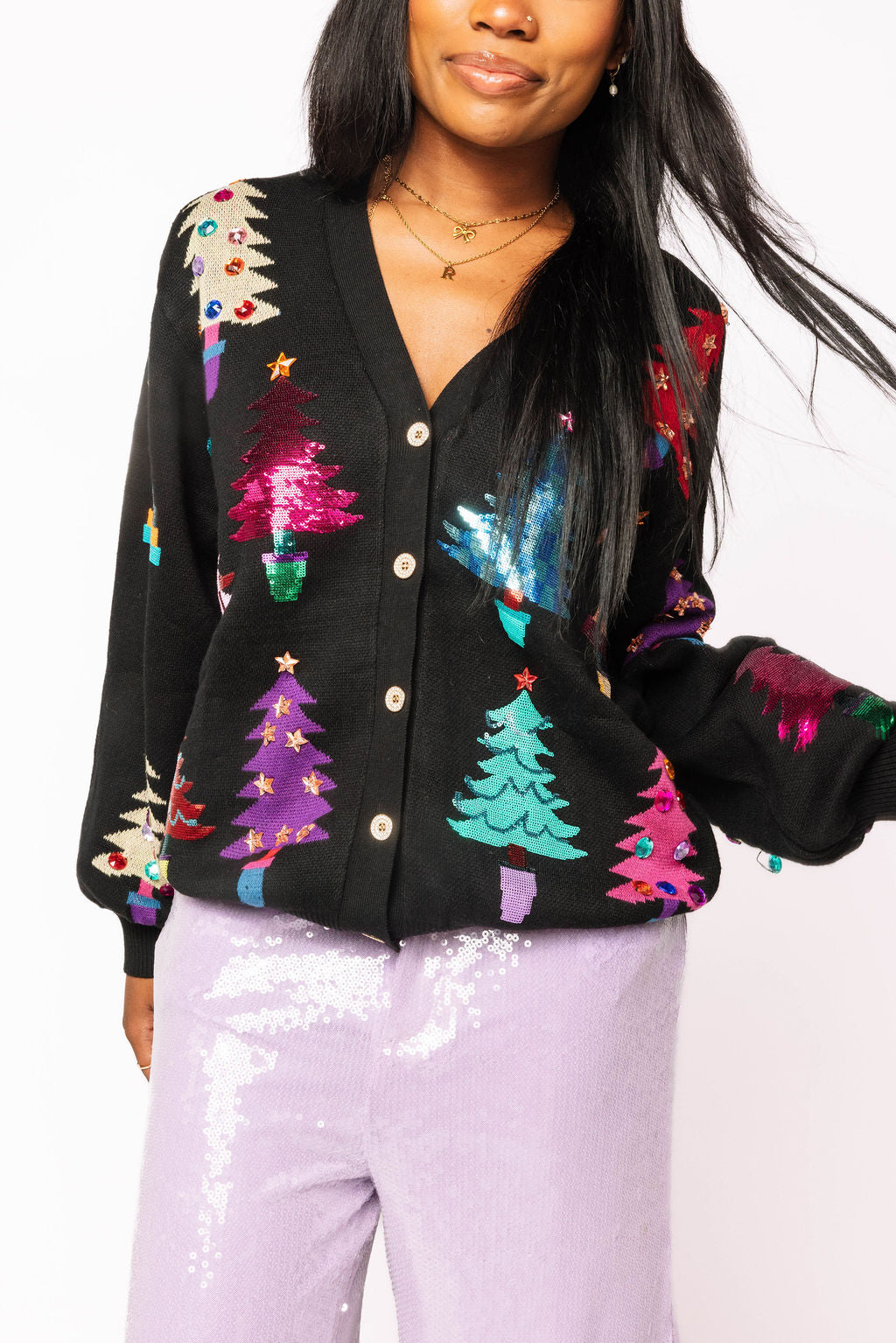 Black Colorblock Trees Cardigan