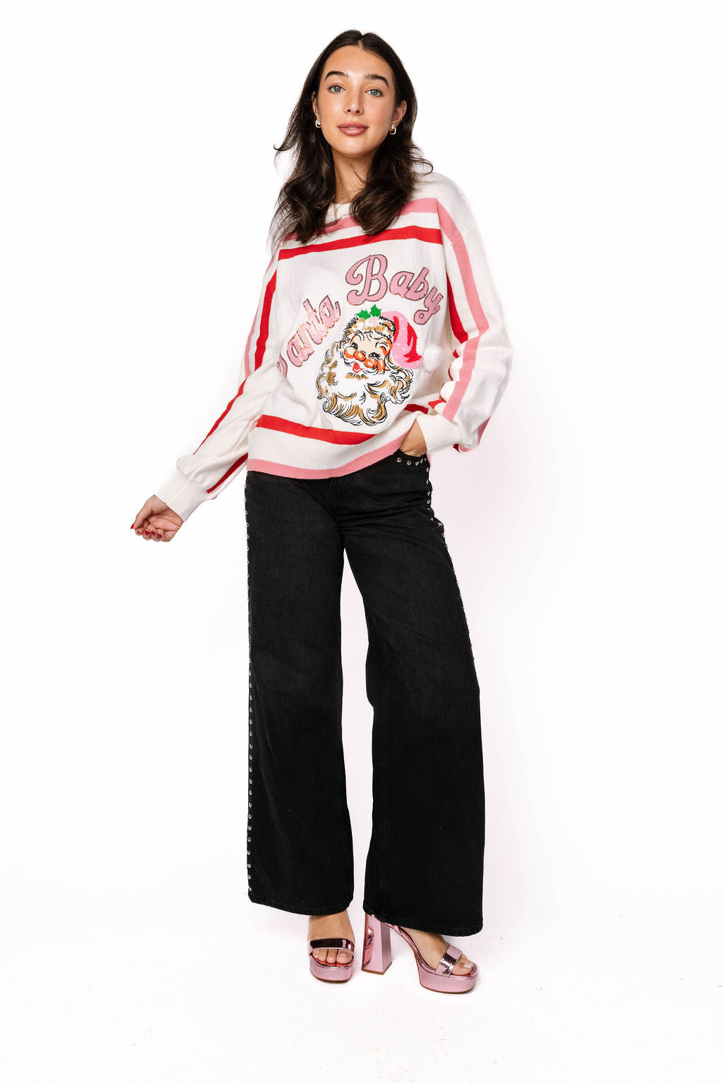 Red, Pink & White Stripe 'Santa Baby' Fuzzy Santa Sweater