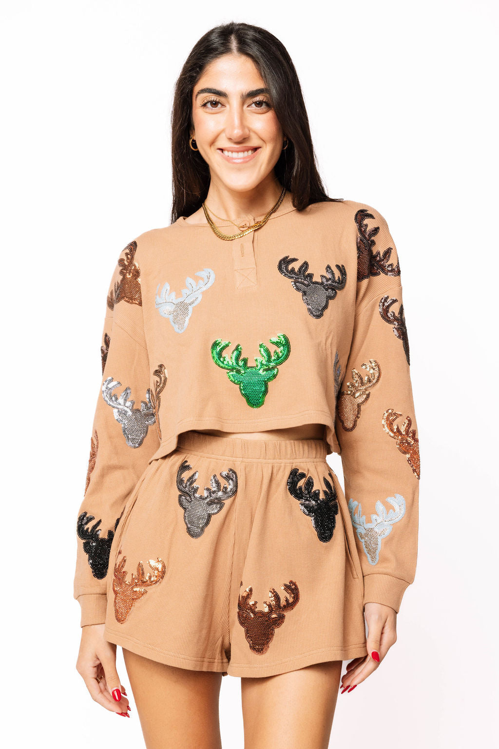 SAMPLE- BROWN WAFFLE SCATTERED DEER HEAD TOP/SHORT SET