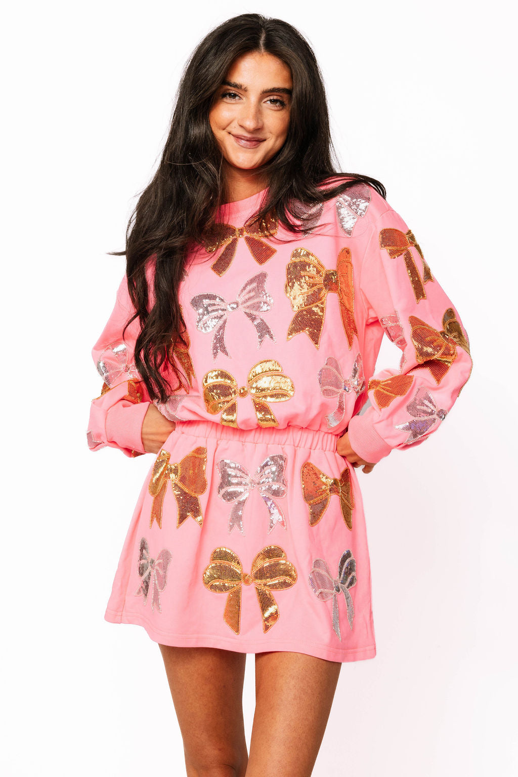 SAMPLE- NEON PINK SILVER & GOLD METALLIC BOW SWEATSHIRT DRESS
