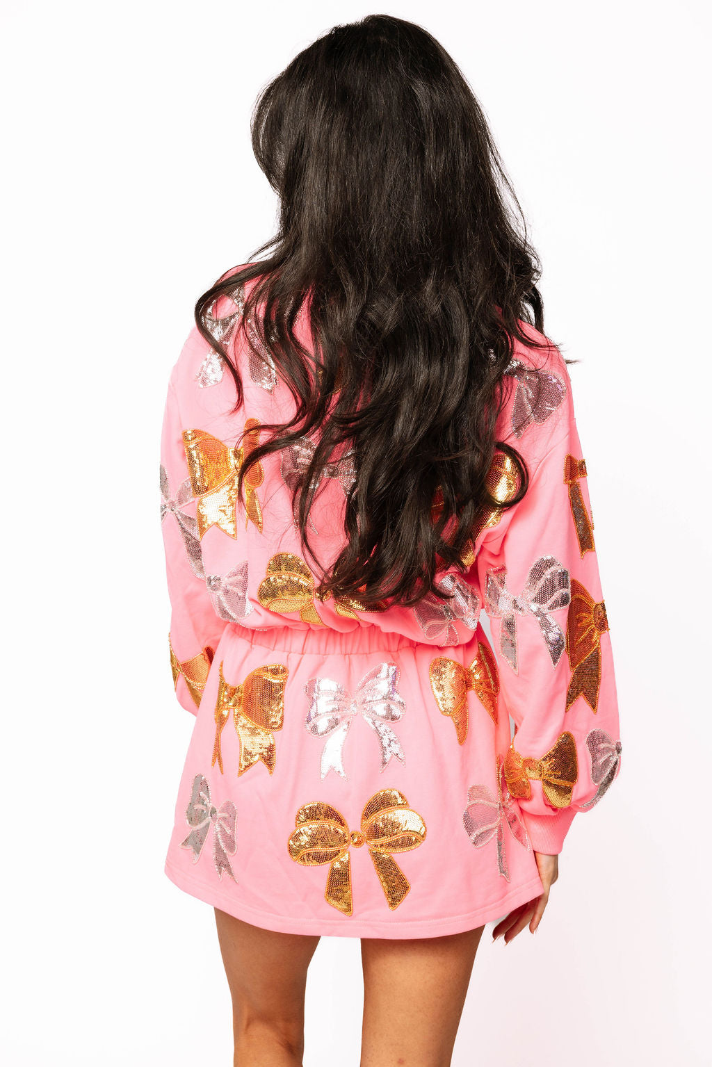 SAMPLE- NEON PINK SILVER & GOLD METALLIC BOW SWEATSHIRT DRESS