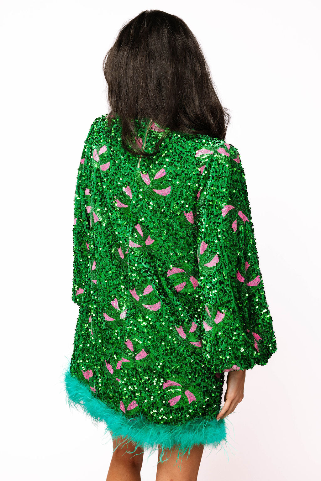 SAMPLE- Velvet Sequin Leaf Feather Bottom Balloon Sleeve Dress