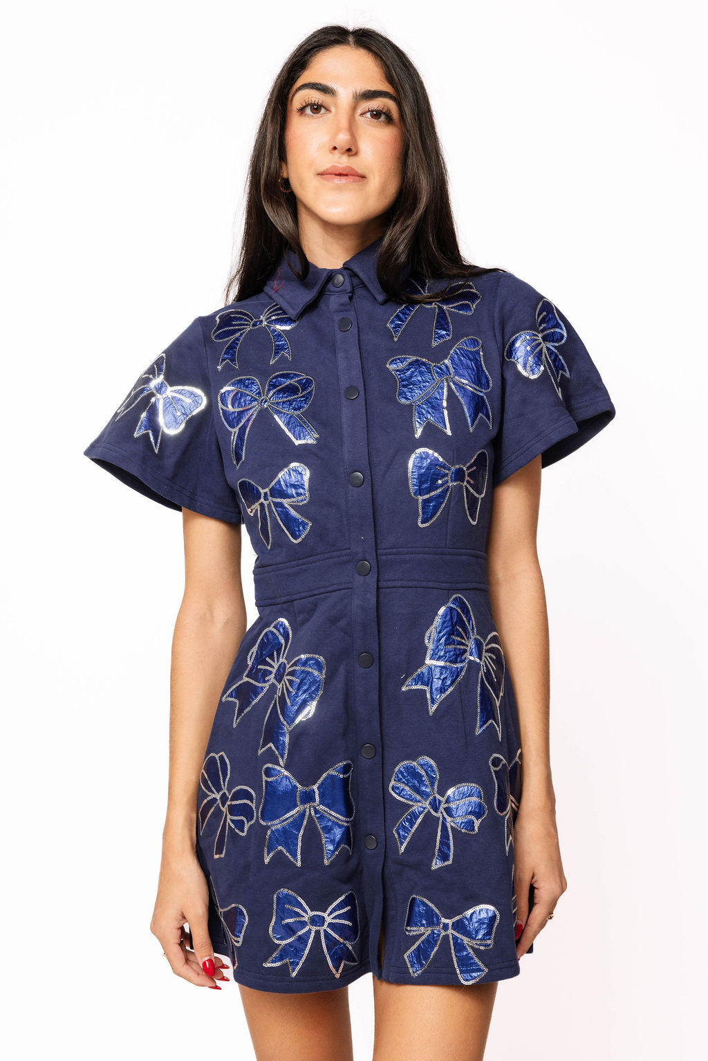 SAMPLE- Navy Metallic Bow All Over Dress