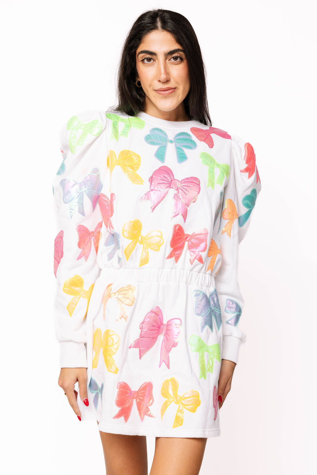 SAMPLE- White Neon Rainbow Bow Sweatshirt Dress