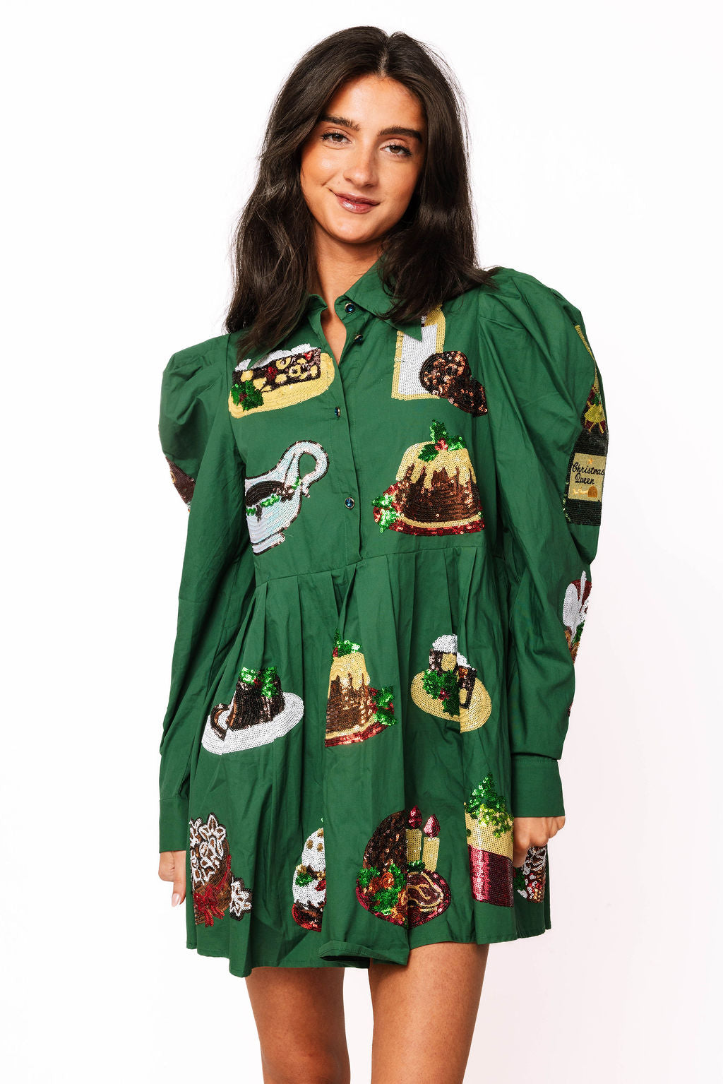 SAMPLE- Green Christmas Food Poof Sleeve Collar Dress