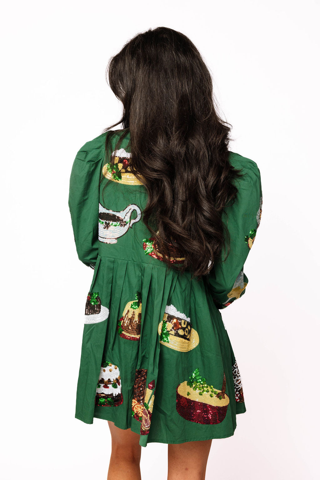 SAMPLE- Green Christmas Food Poof Sleeve Collar Dress