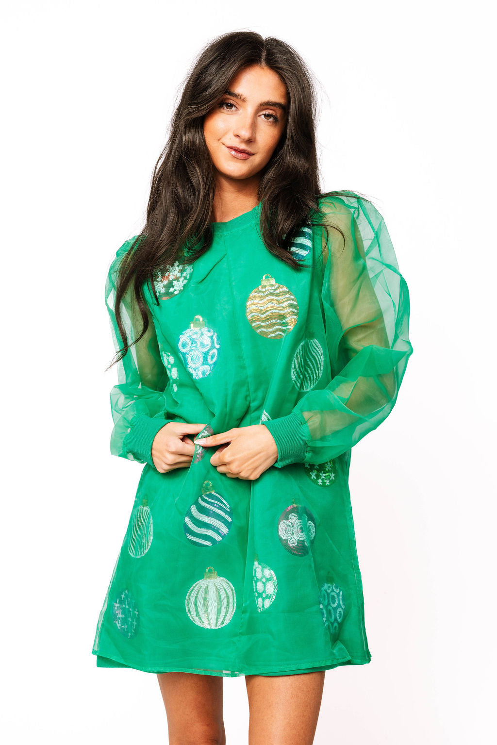 SAMPLE- Green Ornament Long Sleeve Sheer Dress
