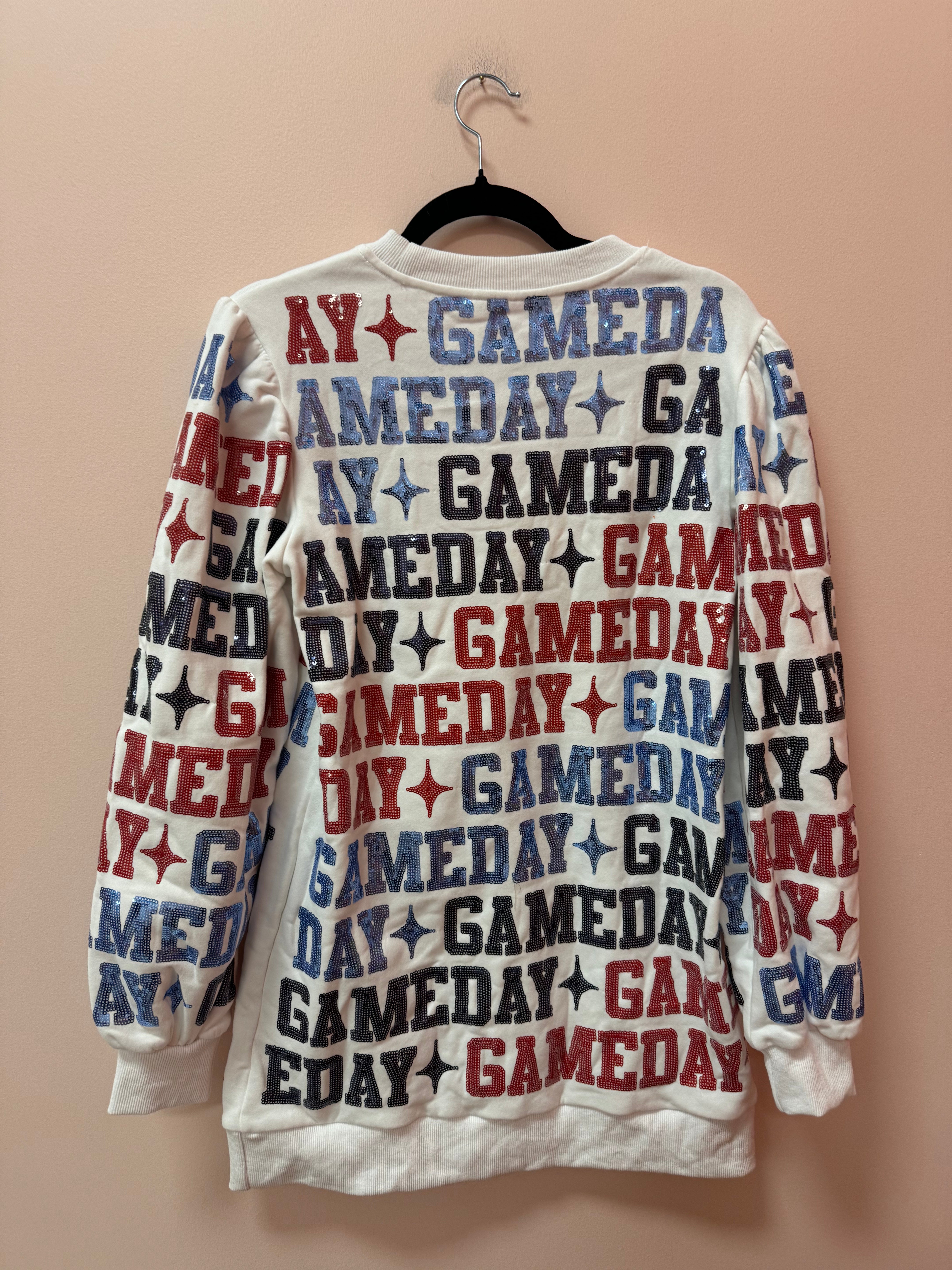 SAMPLE- WHITE, POWDER BLUE, NAVY & RED 'GAMEDAY' ALL OVER SWEATSHIRT DRESS