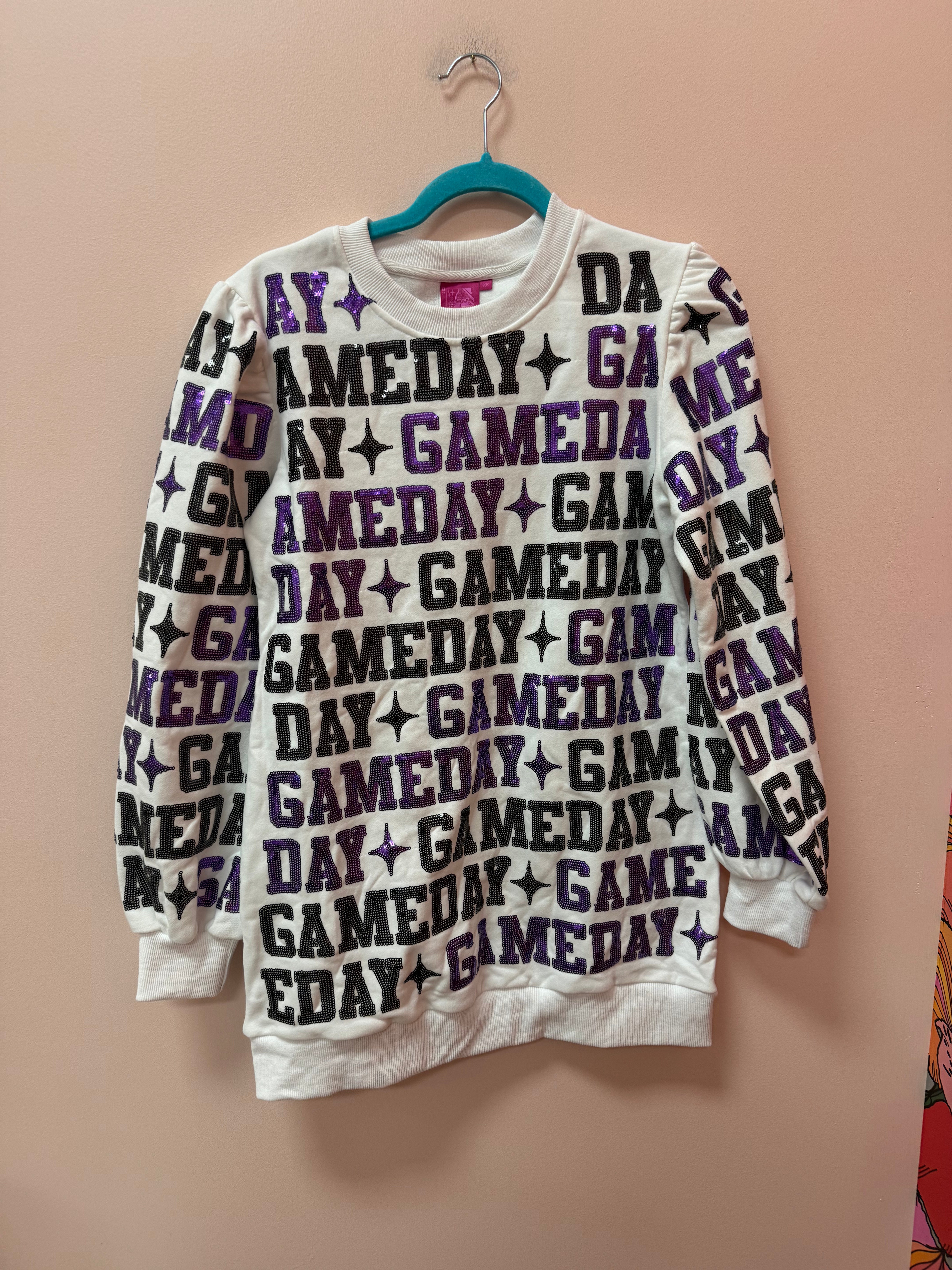 SAMPLE- WHITE, PURPLE & BLACK 'GAMEDAY' ALL OVER SWEATSHIRT DRESS