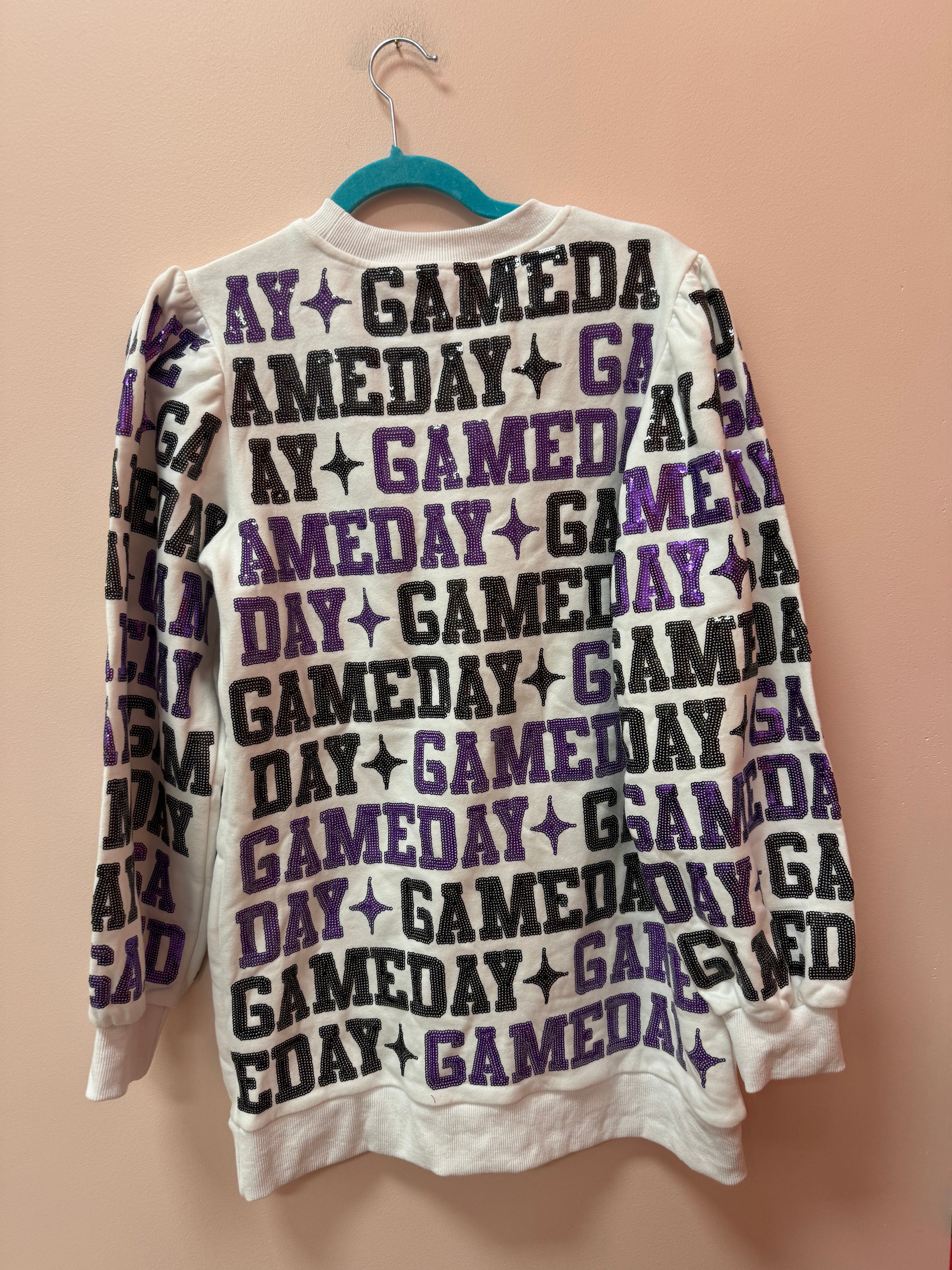 SAMPLE- WHITE, PURPLE & BLACK 'GAMEDAY' ALL OVER SWEATSHIRT DRESS