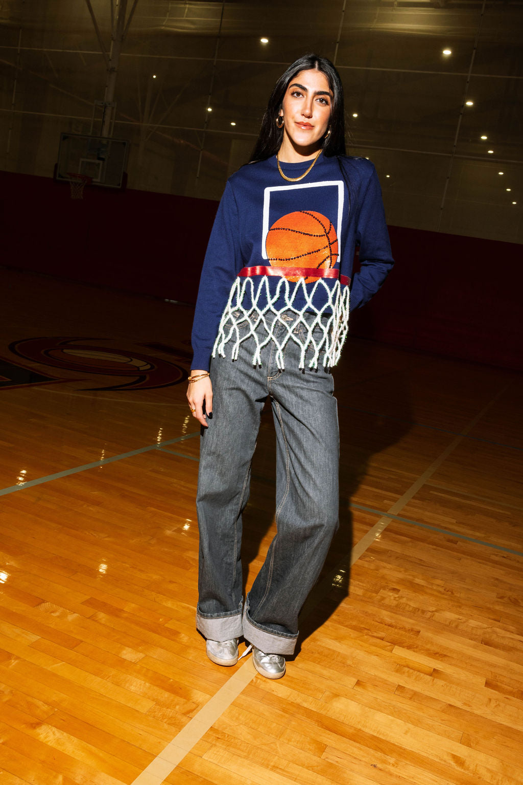 Navy Basketball Net Fringe Sweater