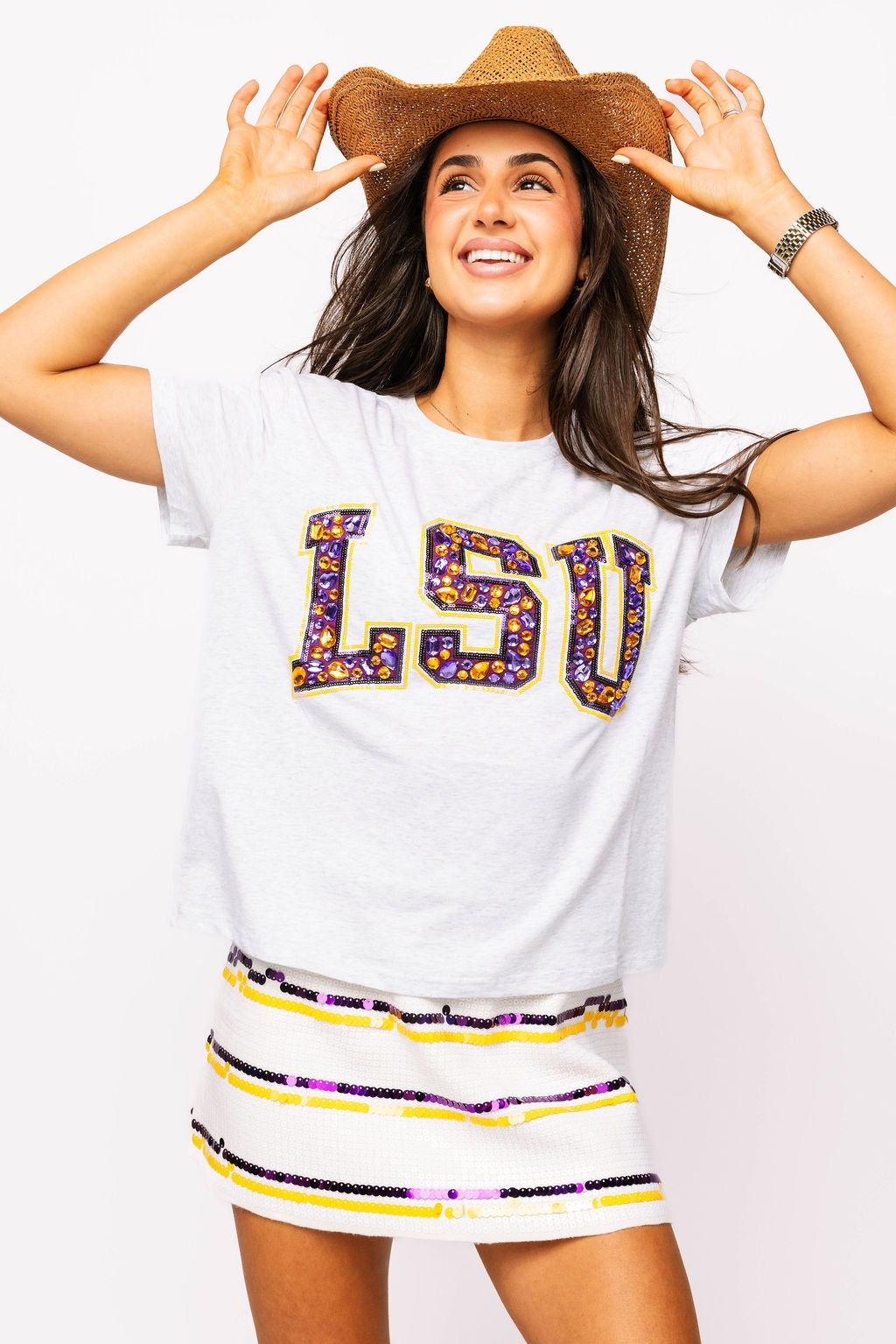 Licensed 'LSU' Grey with Multi Jewel Letter Tee
