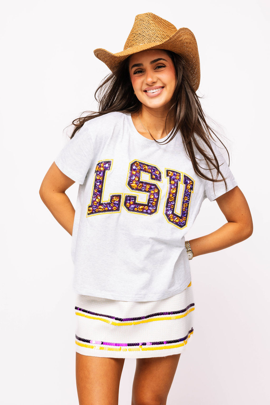 SAMPLE - White, Purple & Yellow Full Sequin Skinny Stripe Skirt