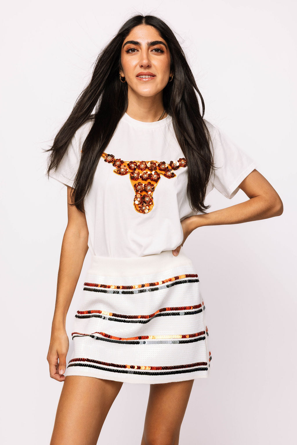 SAMPLE - White, Orange & Black Full Sequin Skinny Stripe Skirt