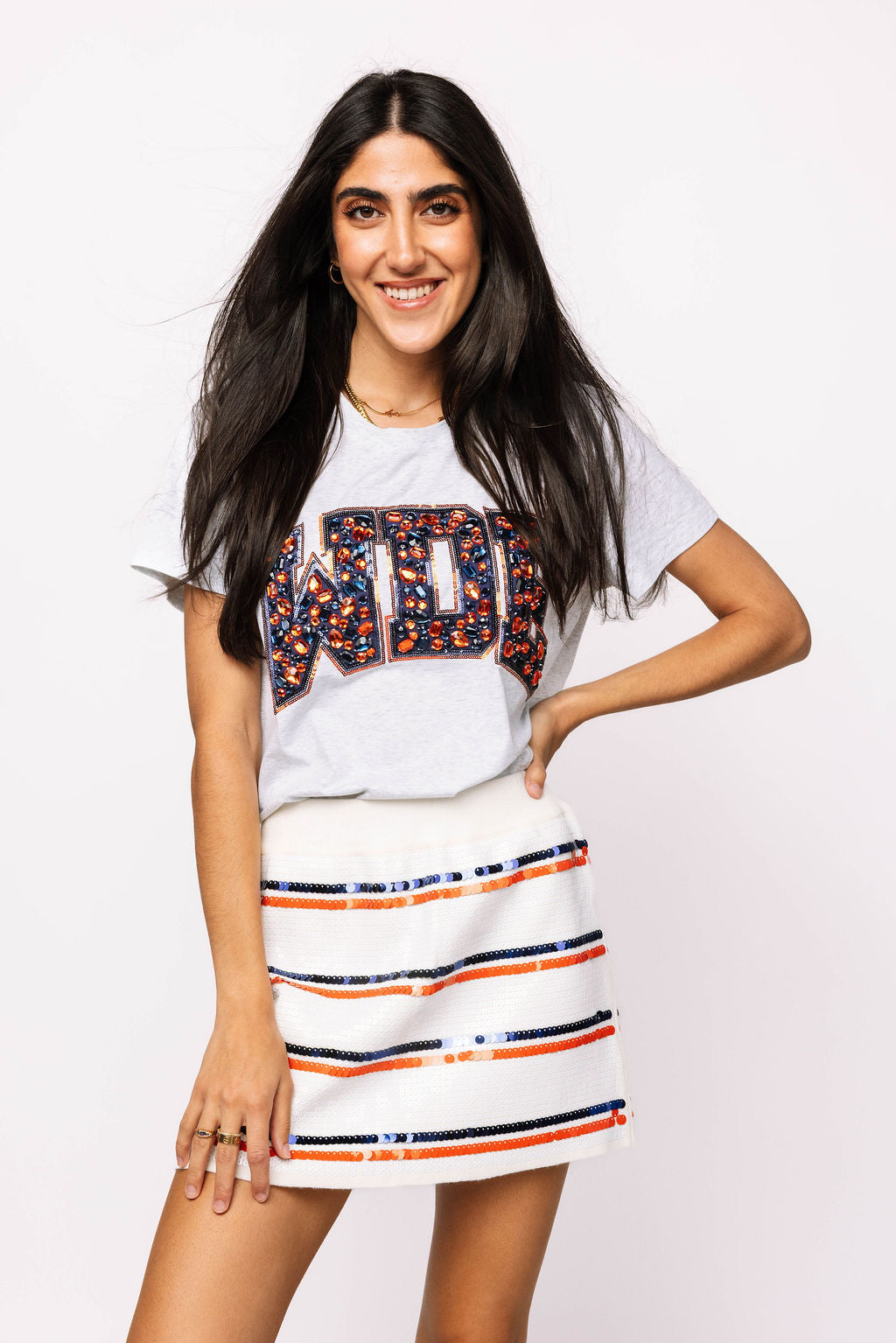 SAMPLE - White Navy, & Orange Full Sequin Skinny Stripe Skirt