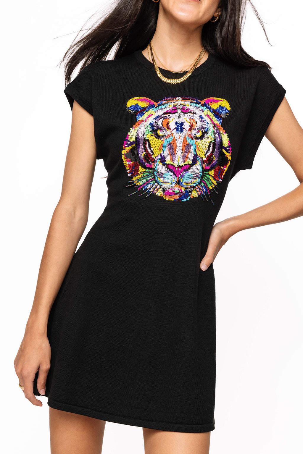 Black Rainbow Tiger Head Knit Sweater Dress – Queen of Sparkles Black Rainbow Tiger Head Knit Sweater Dress – Queen of Sparkles