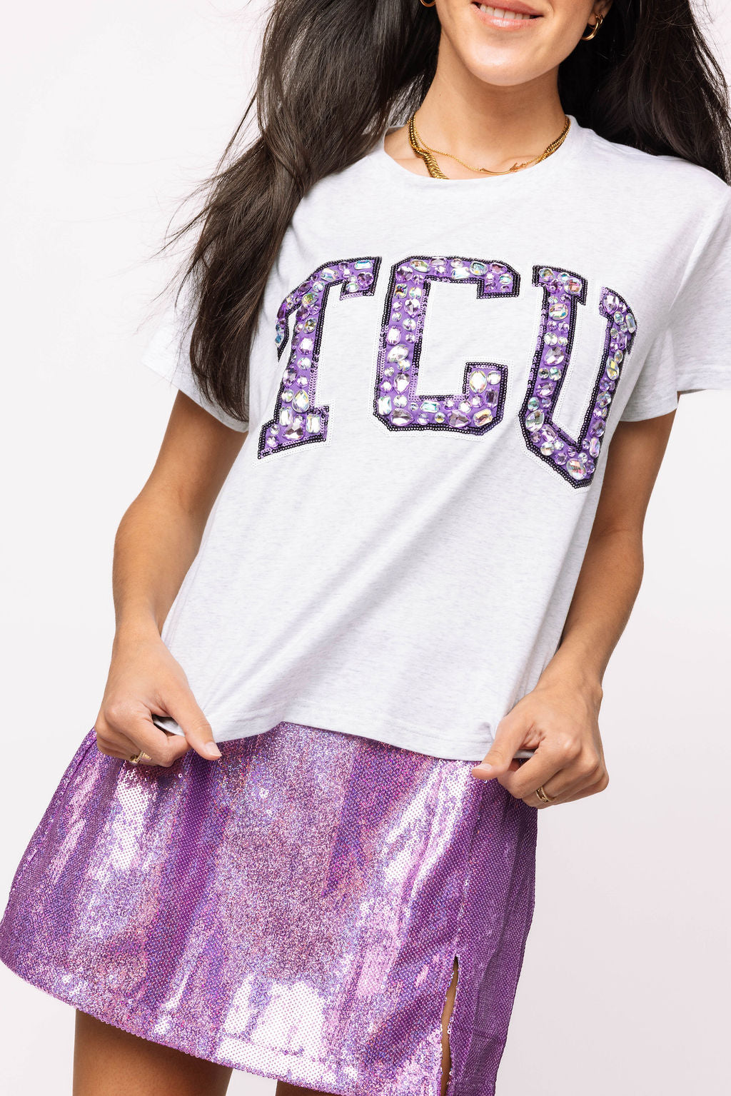 Licensed 'TCU' Grey with Multi Jewel Letter Tee