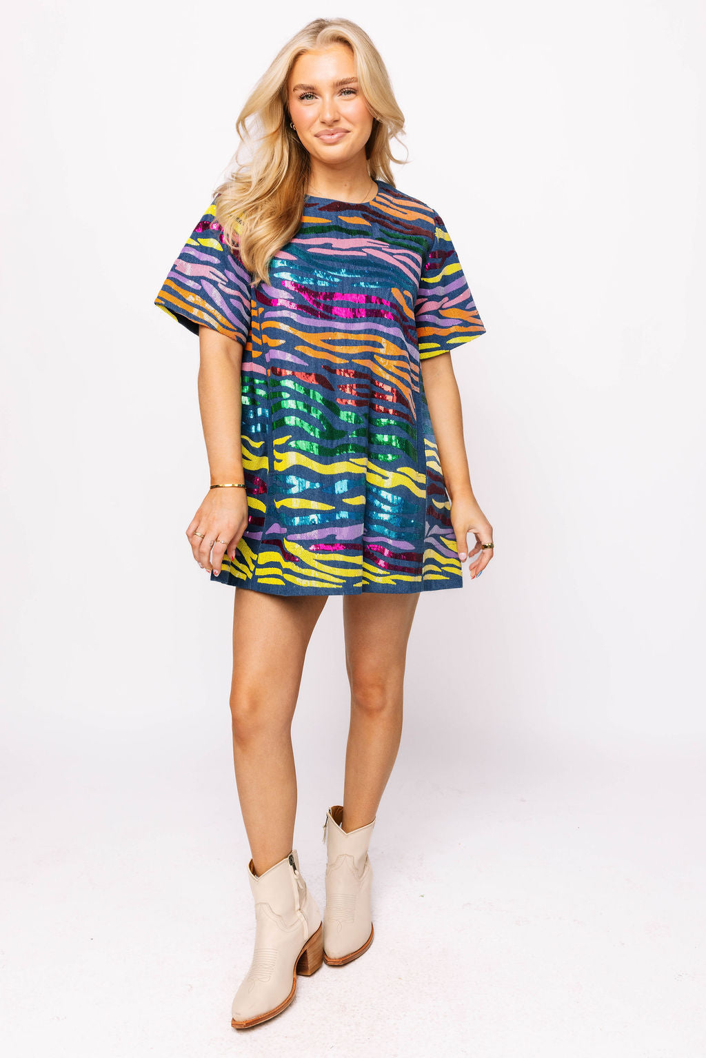 Denim with Rainbow Tiger Short Sleeve Dress