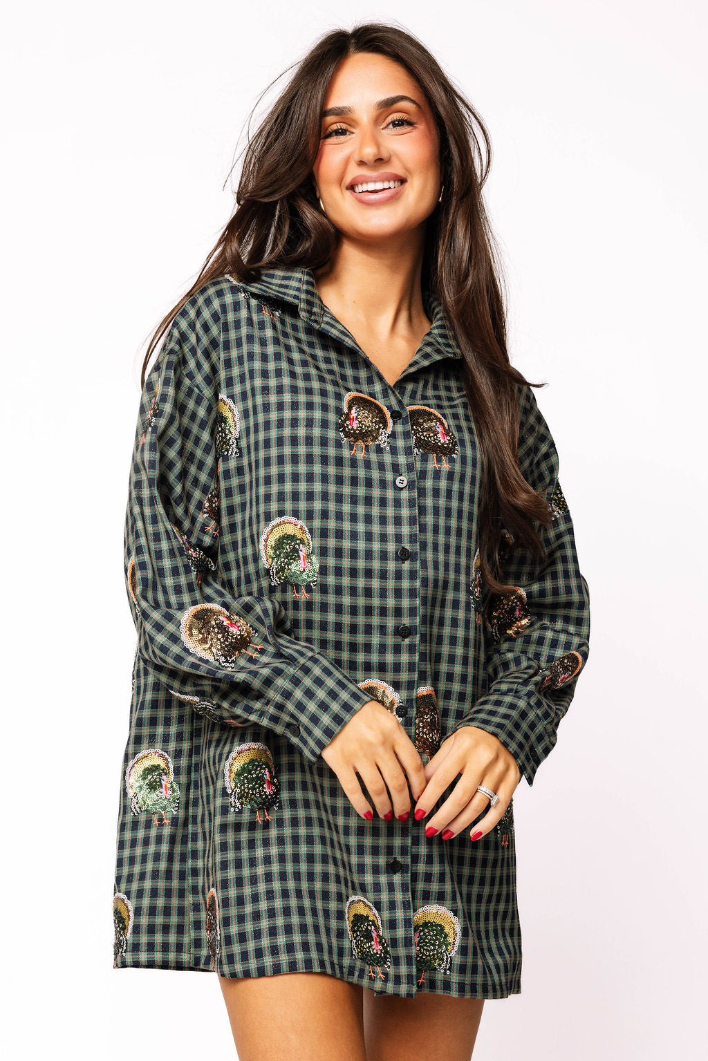 Navy Plaid Scattered Turkey Button Up Dress