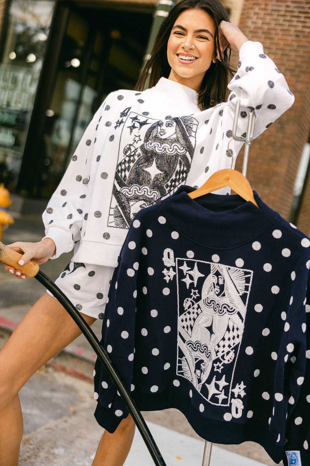 White & Black Polka Dot QOS Card Logo Sweatshirt