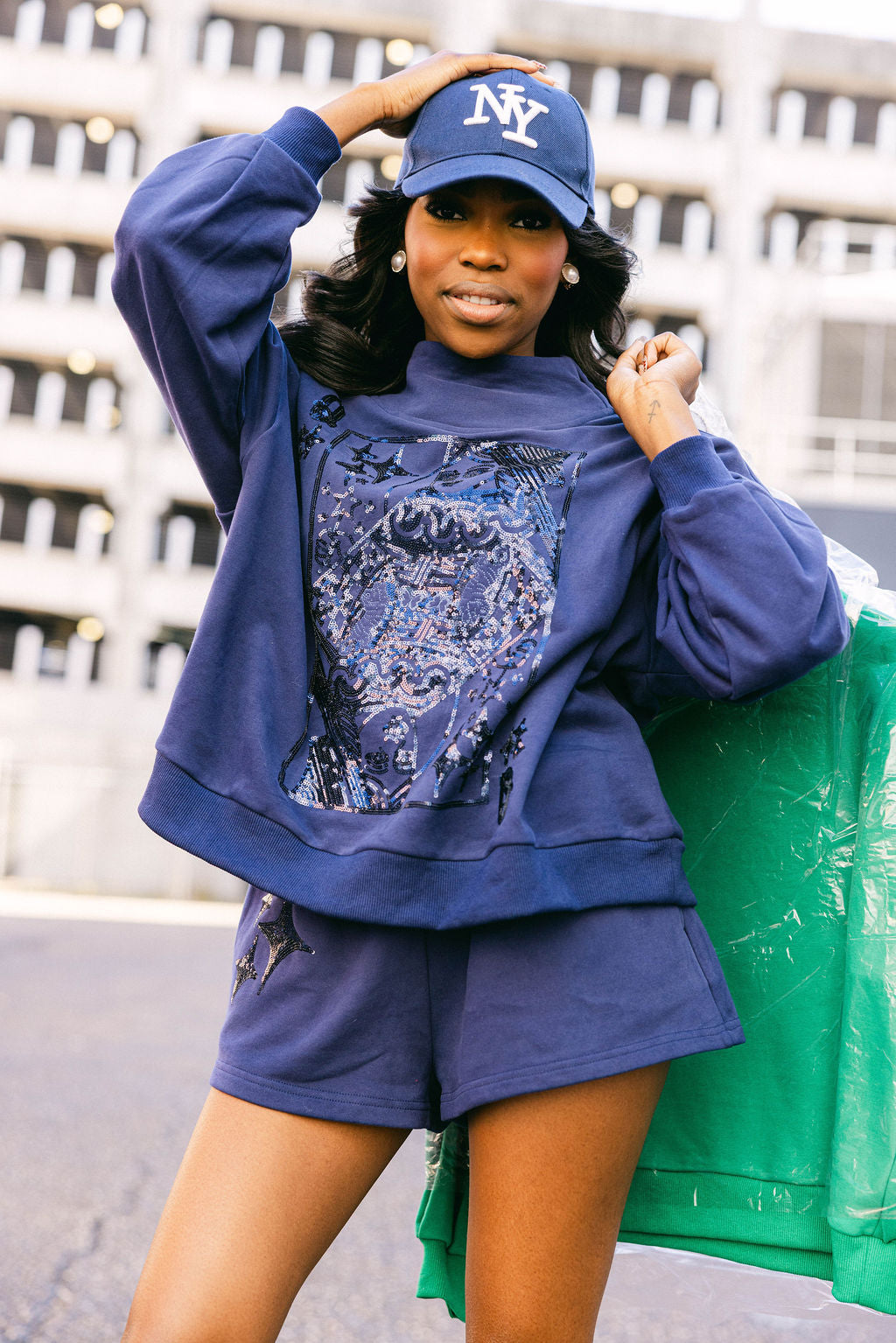 Navy QOS Card Logo Mock Neck Sweatshirt