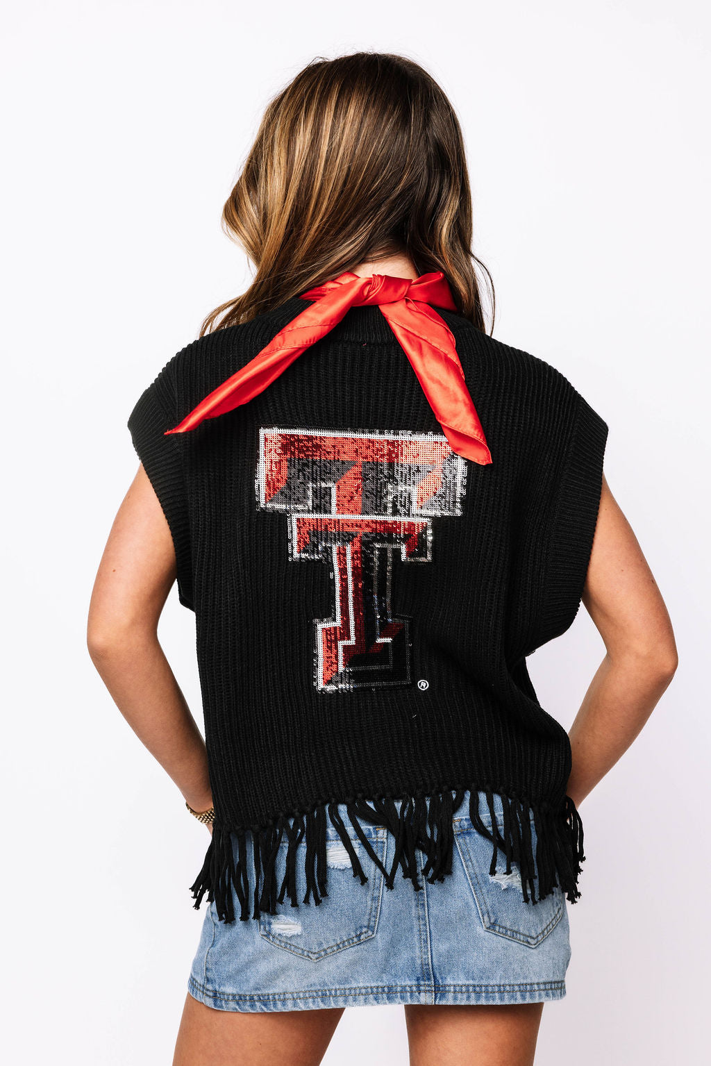 Licensed-Black Red 'Wreck Em' Fringe Sweater Vest – Queen of