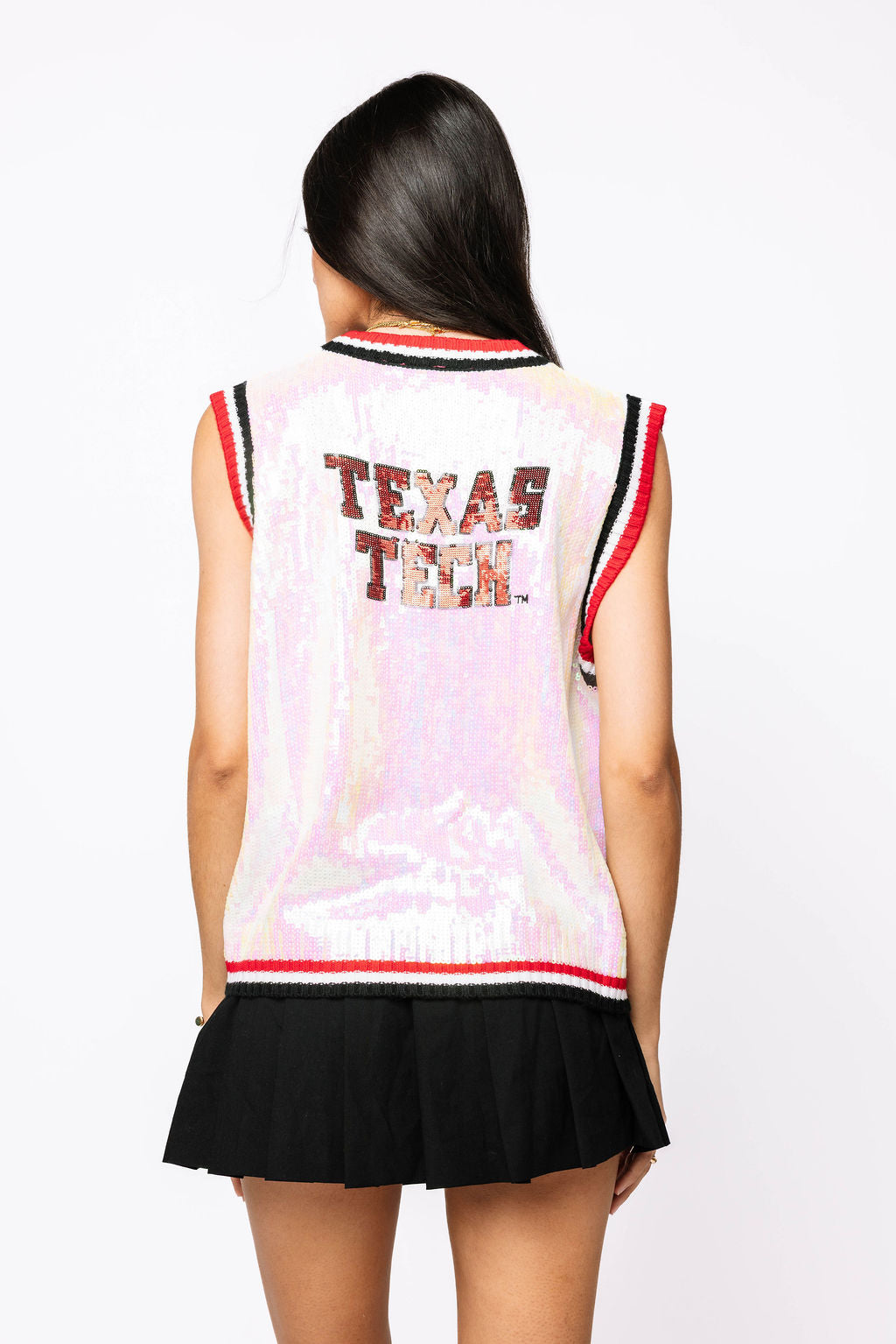 Licensed- White, Red & Black Texas Tech Full Sequin Button Up Sweater Vest