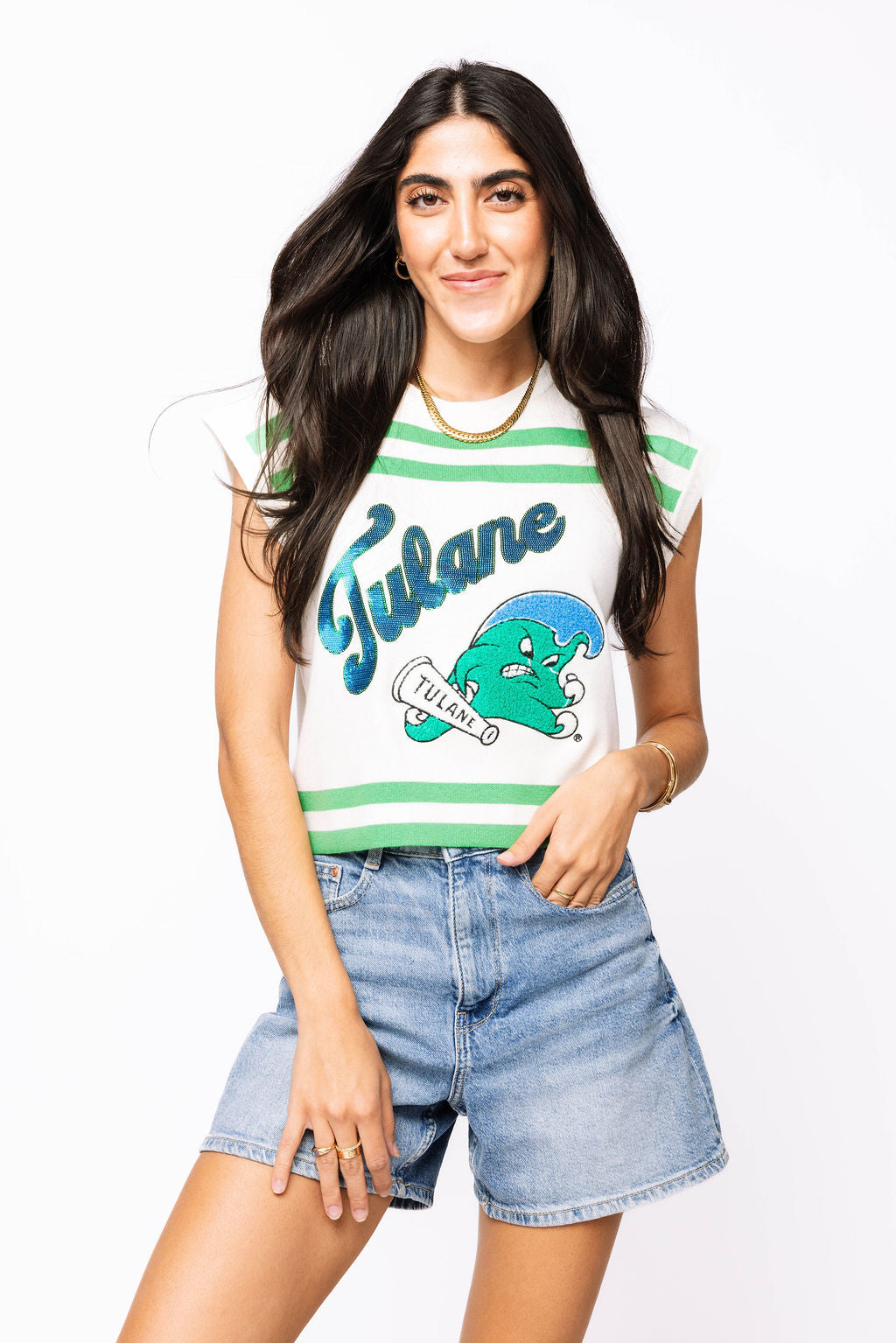 Licensed-White & Green 'Tulane' Striped Short Sleeve Top
