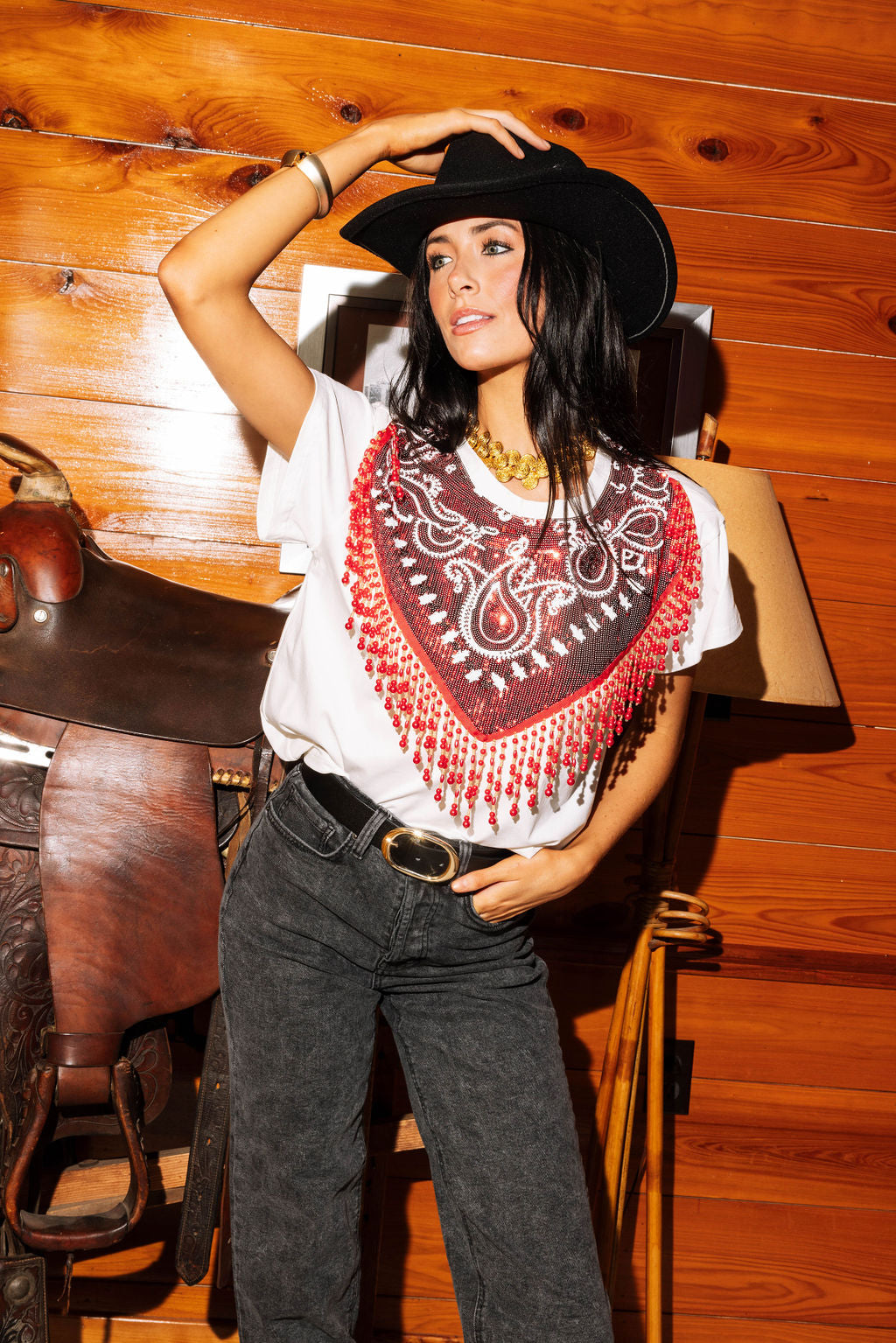 White With Red Sequin Bandana And Fringe Tee