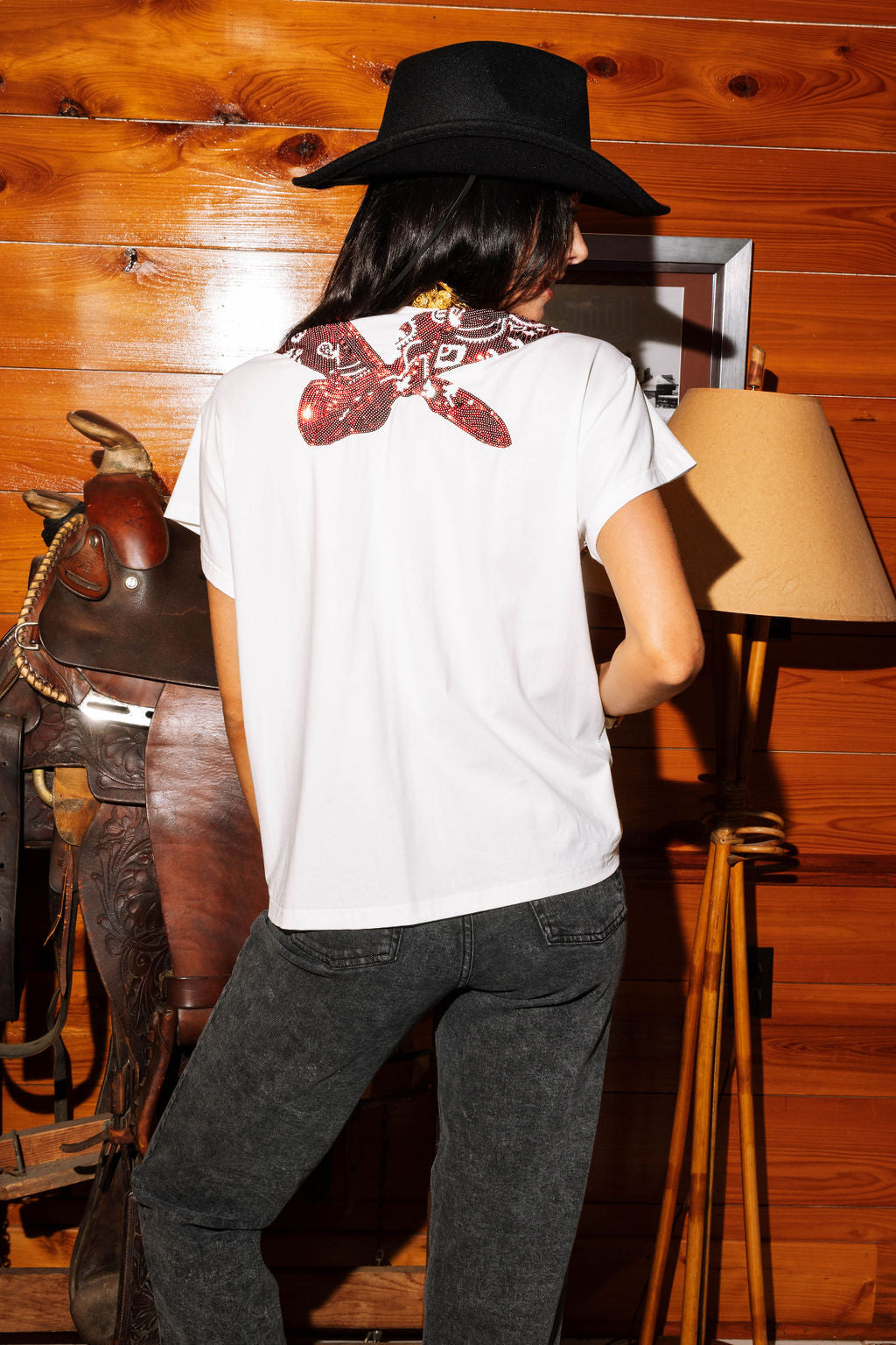 White With Red Sequin Bandana And Fringe Tee