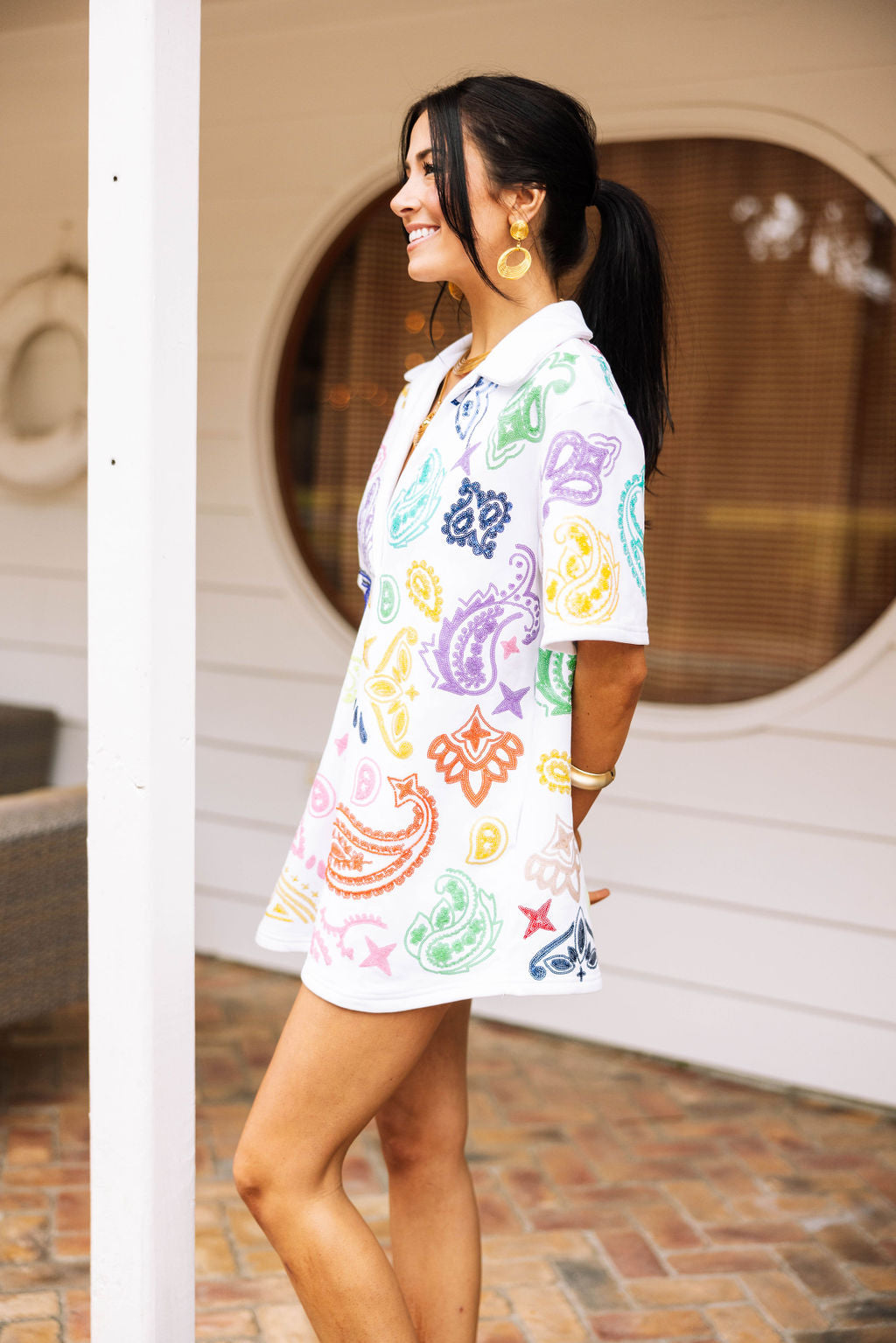 White Multi Paisley Collar Dress