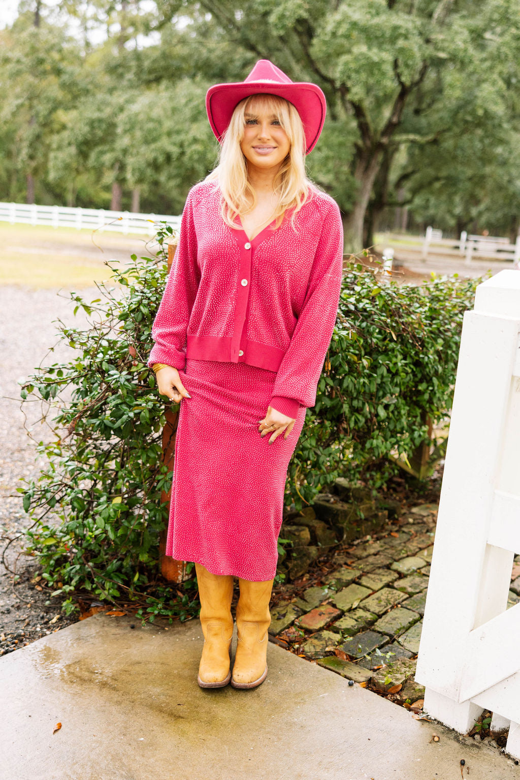 Pink Knit Cardigan With Clear All Over Rhinestones