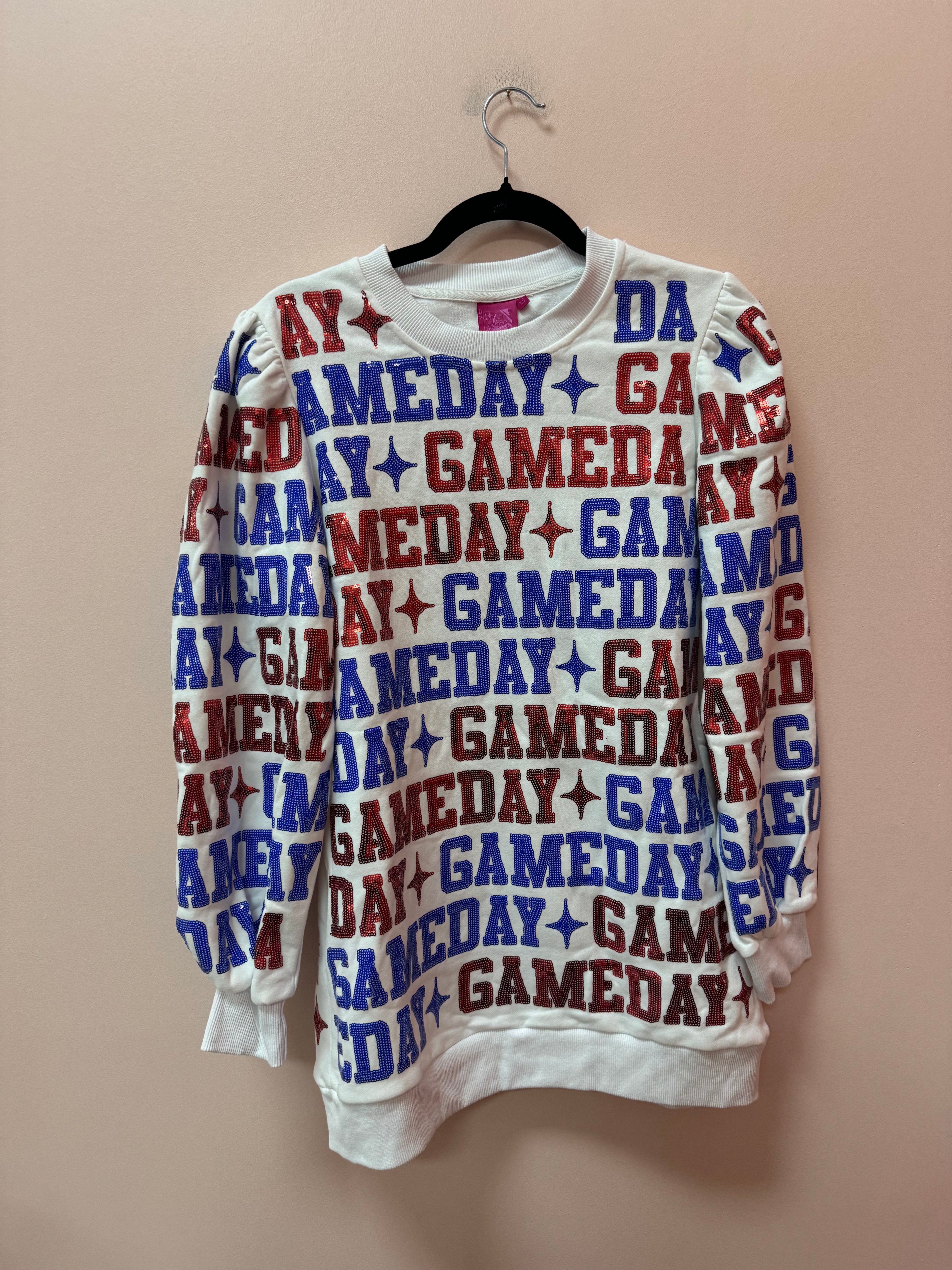 SAMPLE- WHITE, ROYAL & RED 'GAMEDAY' ALL OVER SWEATSHIRT DRESS