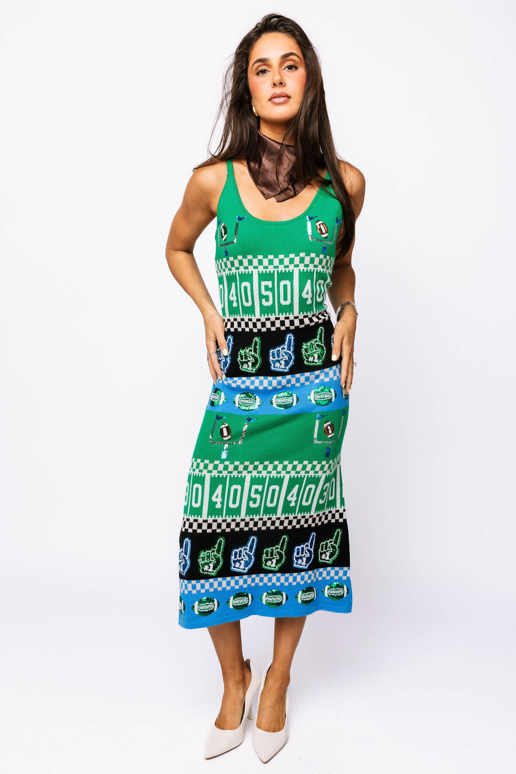 SAMPLE - Green & Blue Colorblock Football Icon Knit Midi Dress