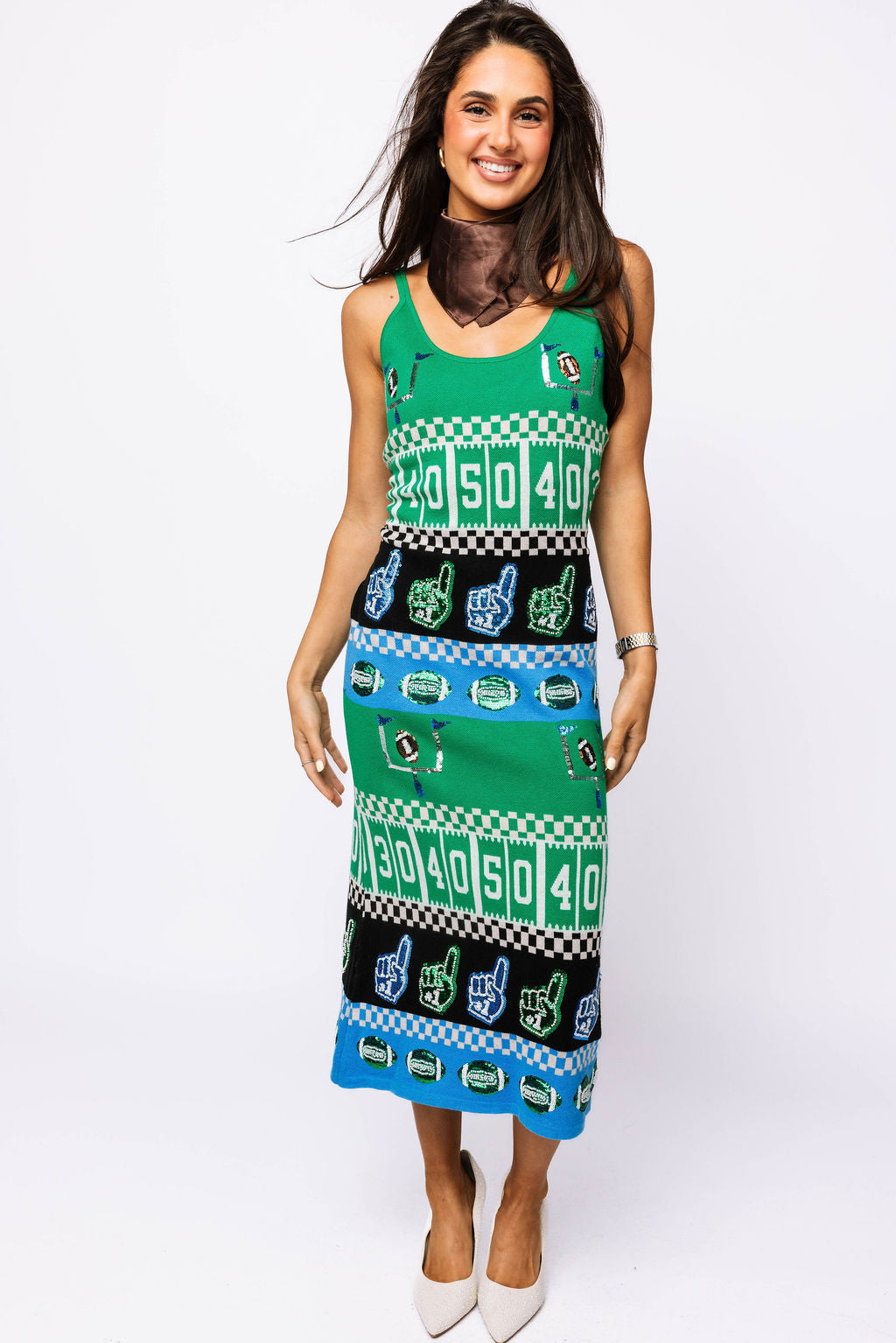 SAMPLE - Green & Blue Colorblock Football Icon Knit Midi Dress