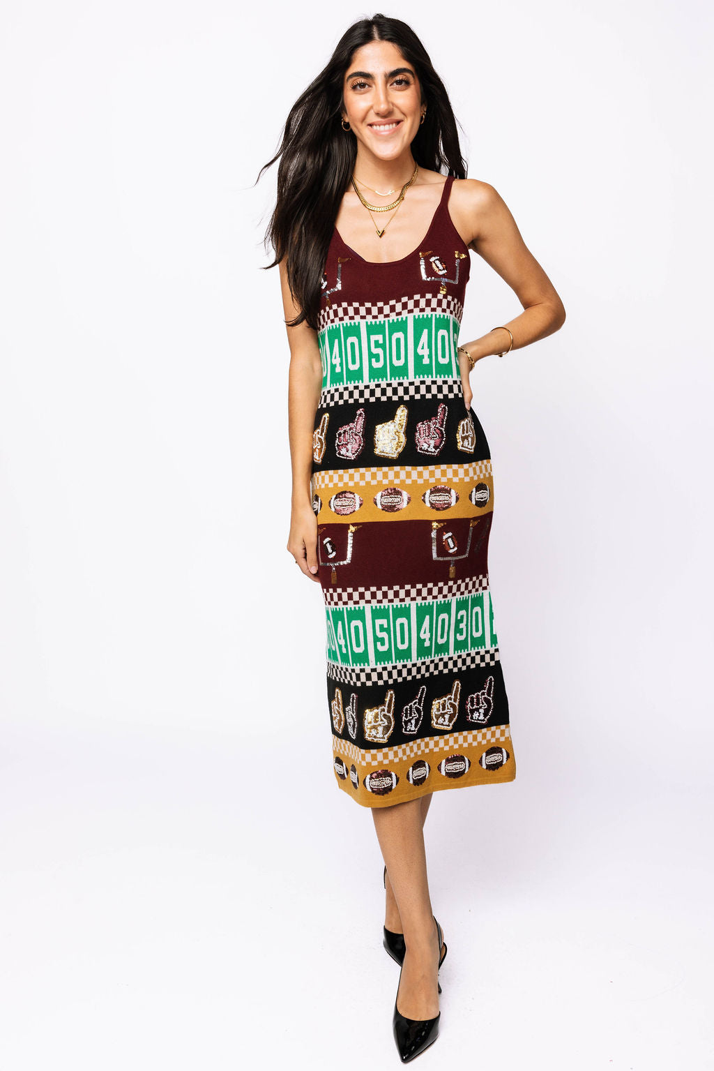 SAMPLE - Maroon & Gold Colorblock Football Icon Knit Midi Dress