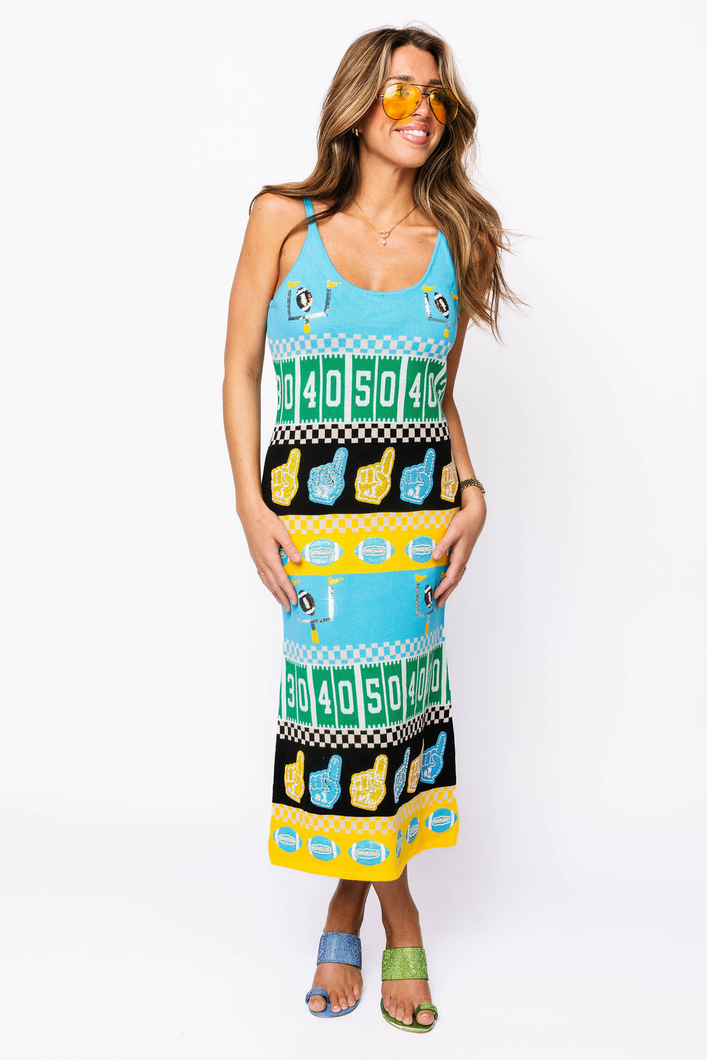 SAMPLE - Powder Blue & Yellow Colorblock Football Icon Knit Midi Dress