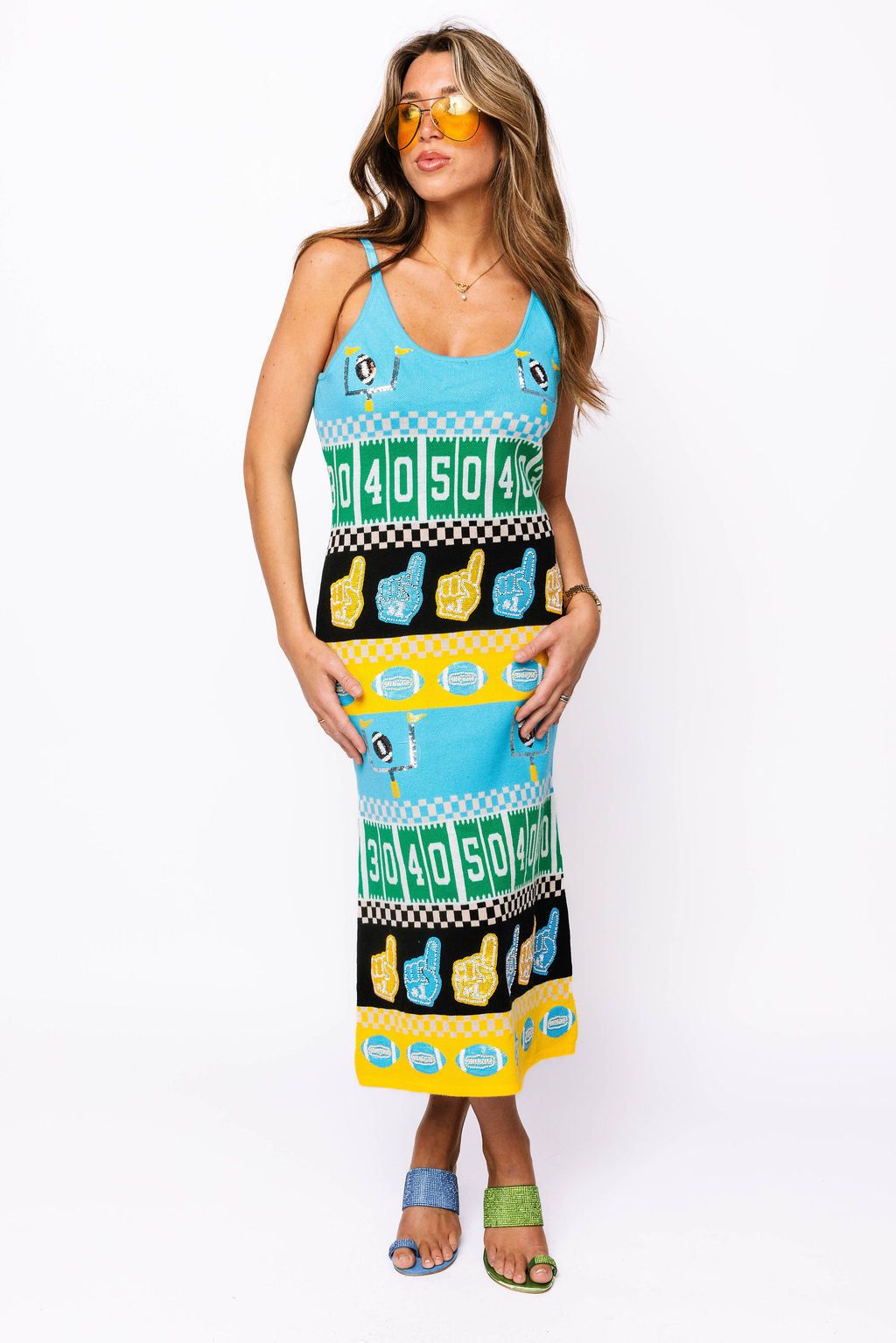 SAMPLE - Powder Blue & Yellow Colorblock Football Icon Knit Midi Dress